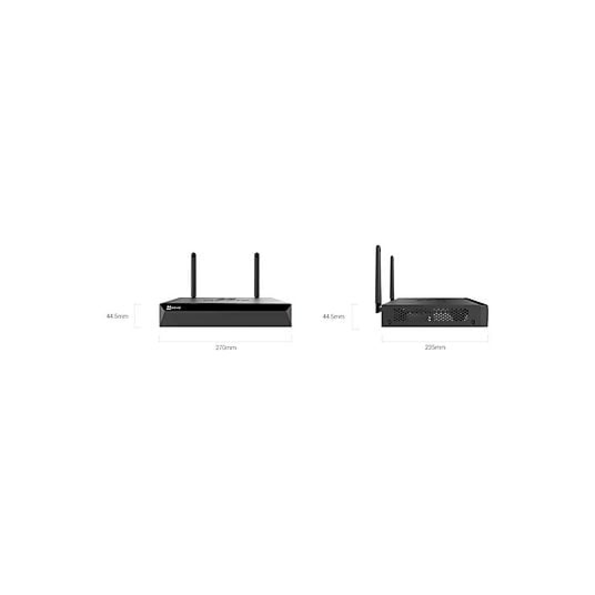 Een zwarte netwerkrecorder met twee antennes, zij- en vooraanzicht.