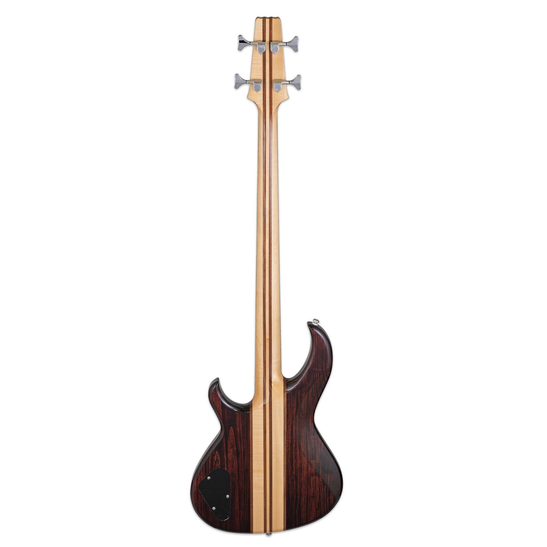 Açık çizgili ve gümüş akort burgulu, koyu bas gitar sapının arka görünümü.