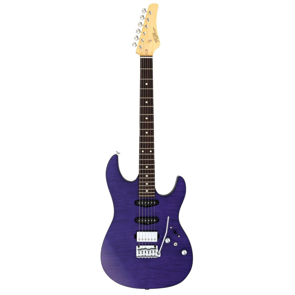 Altı telli, gümüş donanımlı mor bir elektro gitar.