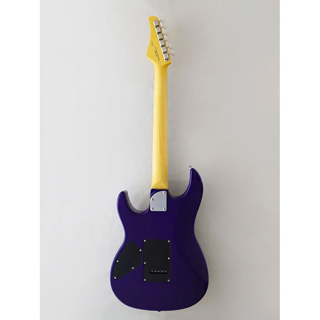Sarı saplı ve headstock'lu mor elektro gitarın arka görünümü.