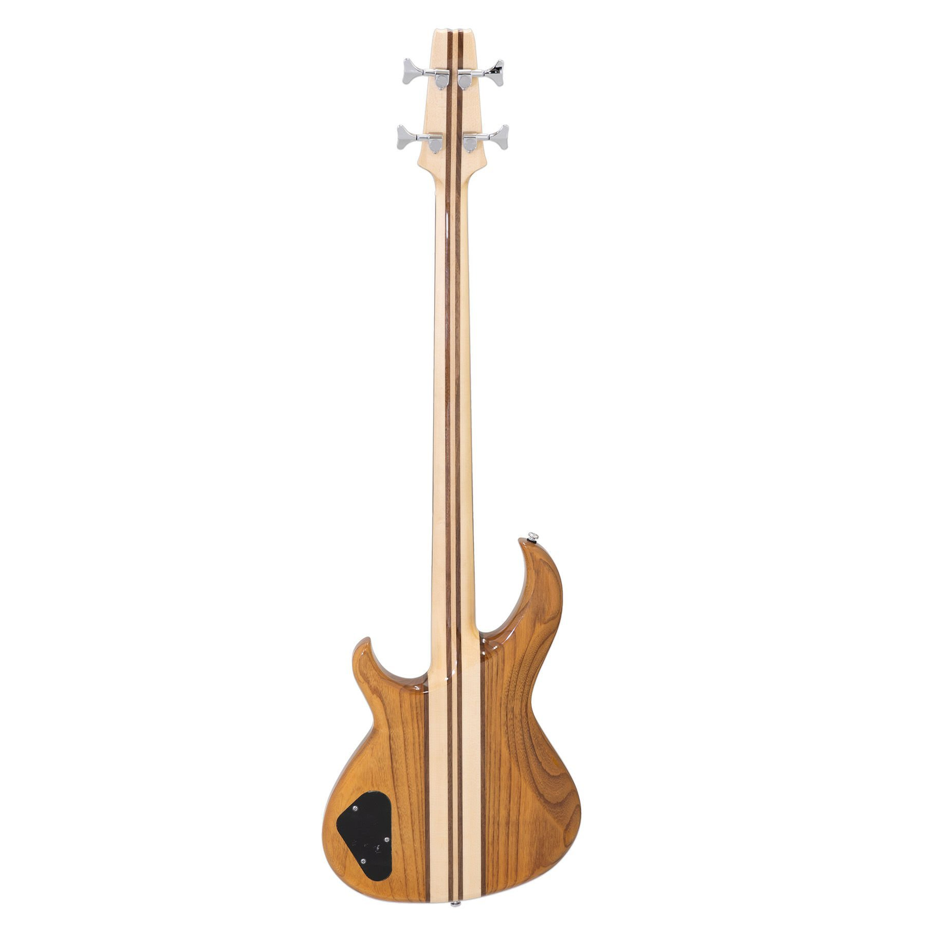 Dört gümüş burgulu ve çizgili kahverengi bas gitar sapının arka görünümü.