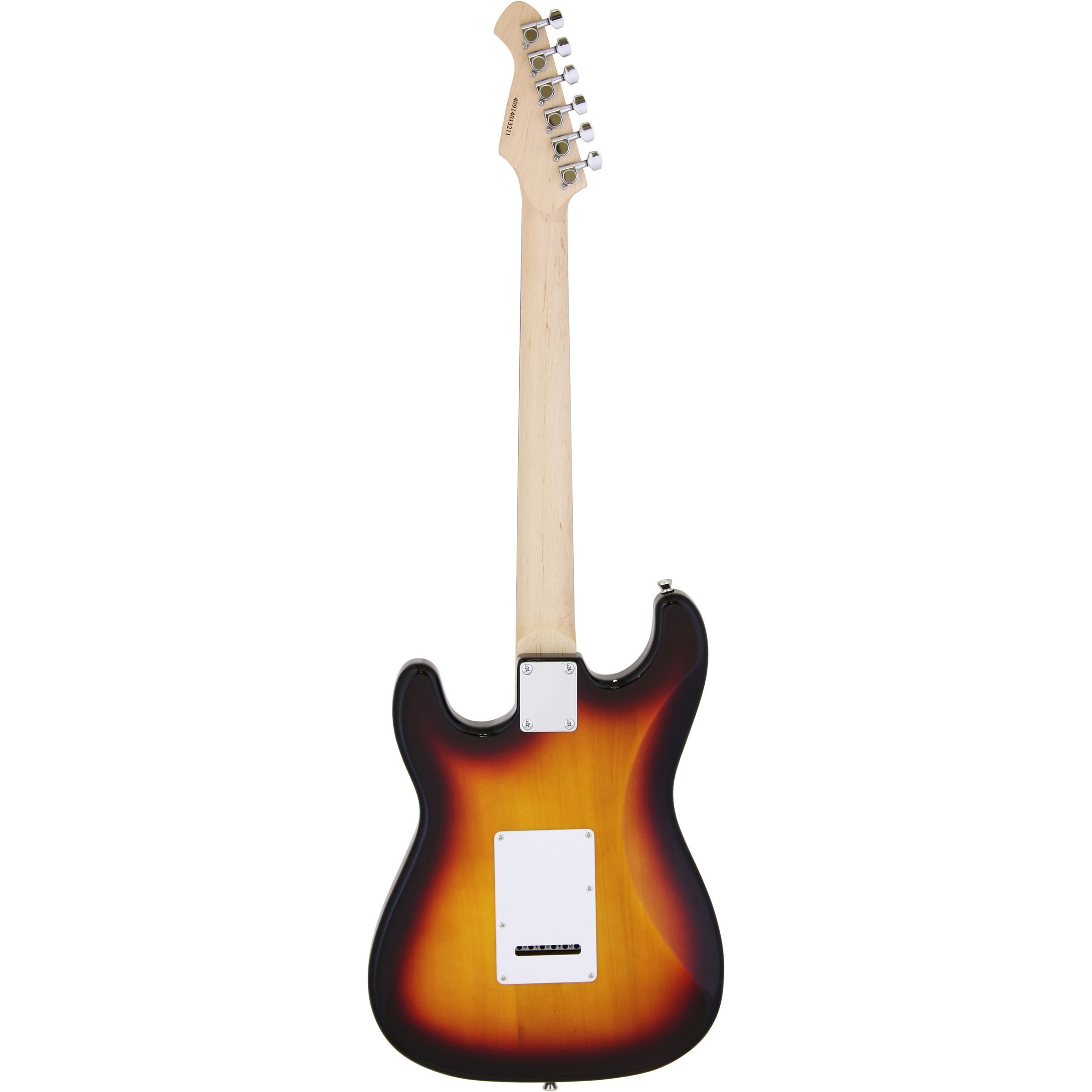 Ahşap saplı, sunburst elektro gitarın arka görünümü.