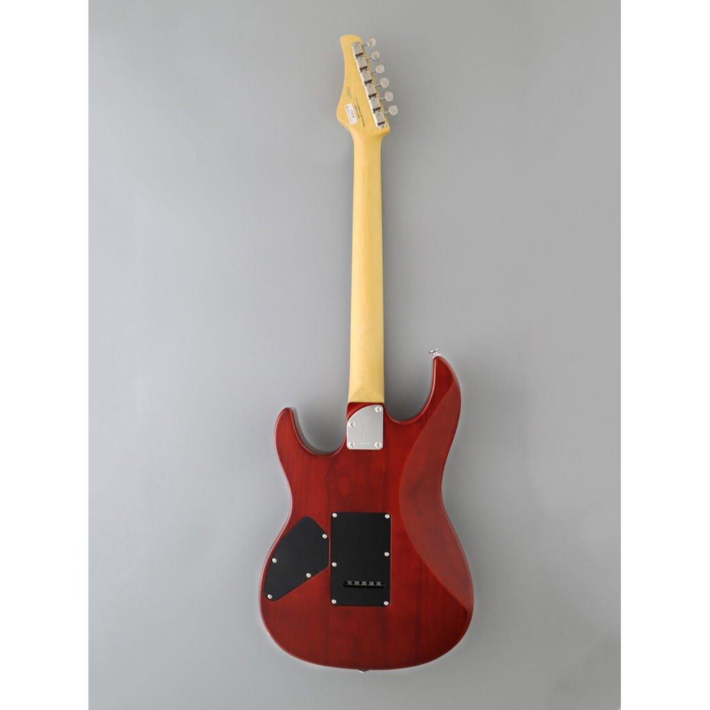 Kırmızı elektro gitar, arka görünüm, açık renkli sap ve gümüş burgularla.