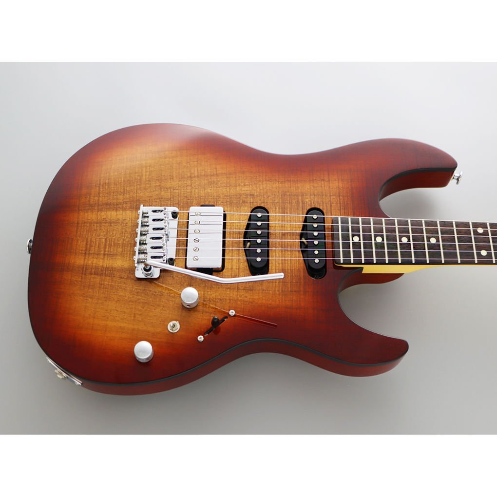Kahverengi ahşap kaplamalı, gümüş köprülü ve üç manyetikli elektro gitar.