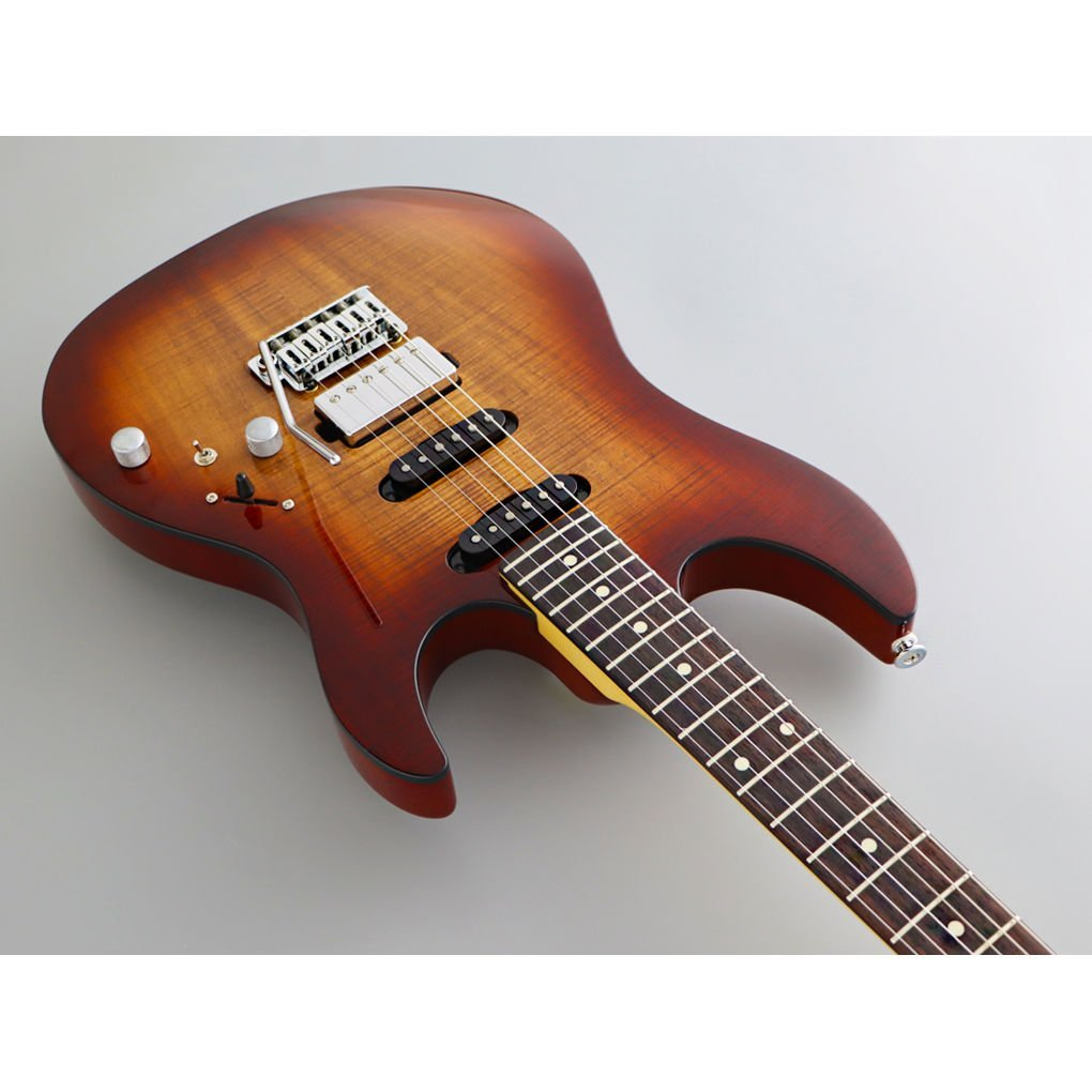 Gri arka plan üzerinde duran, kahverengi gövdeli ve akçaağaç saplı elektro gitar.