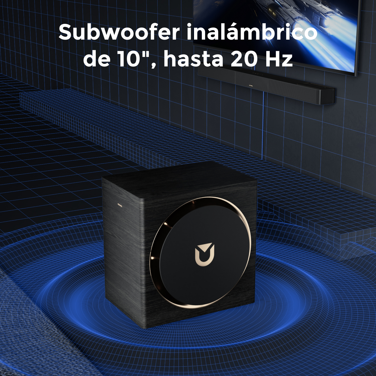 Subwoofer negro con borde dorado sobre suelo de rejilla azul.