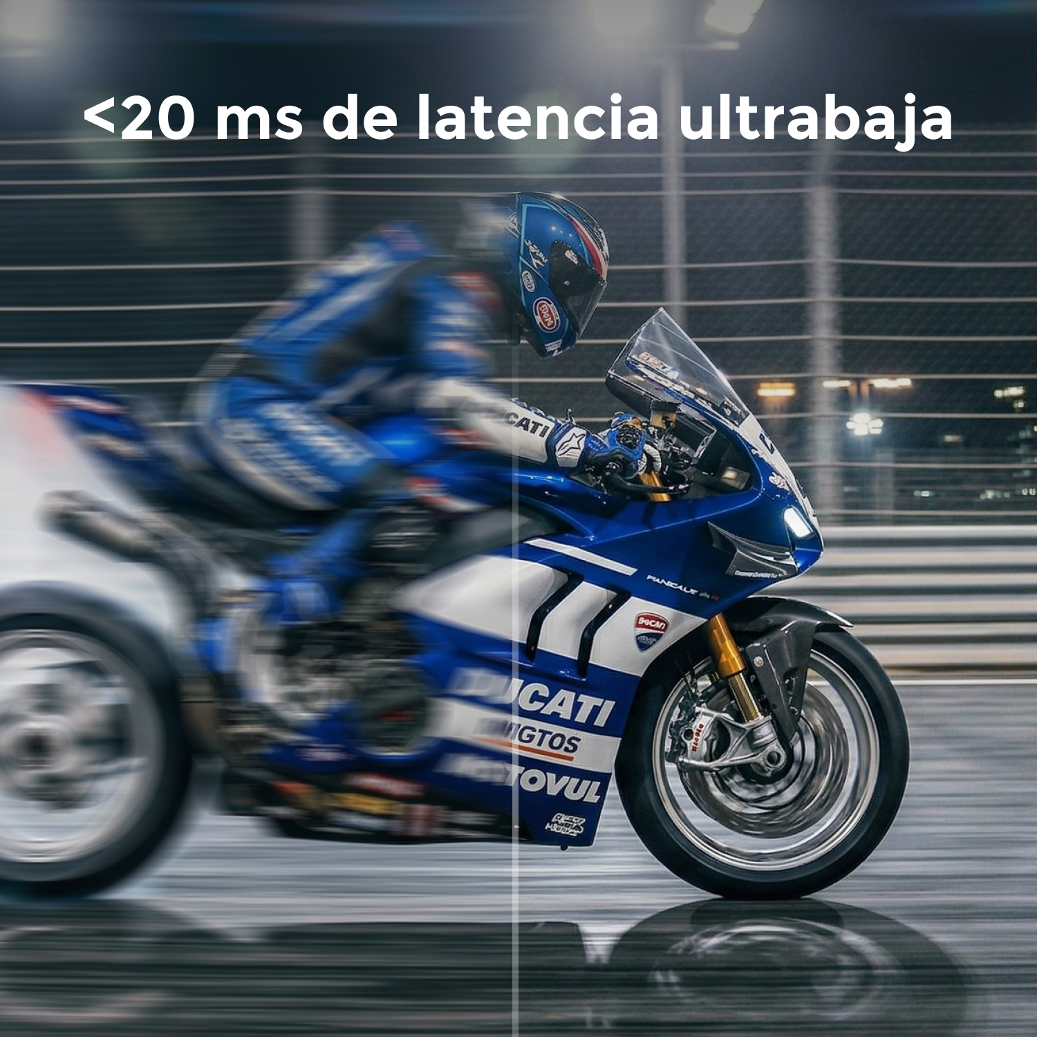 Un motorista con traje azul conduce una moto azul y blanca. Texto: <lt/>20 ms de latencia ultrabaja.