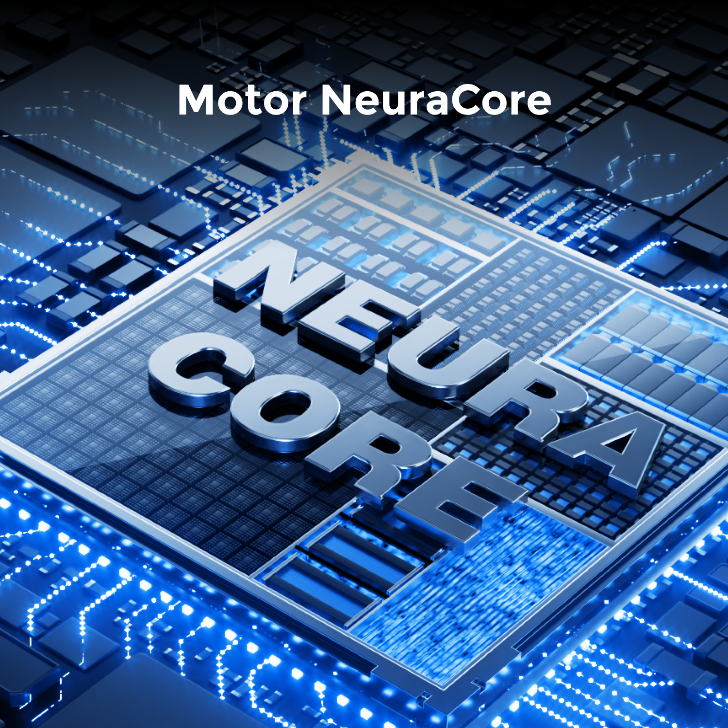Renderizado 3D de un microchip con texto "NEURA CORE" y luces azules.