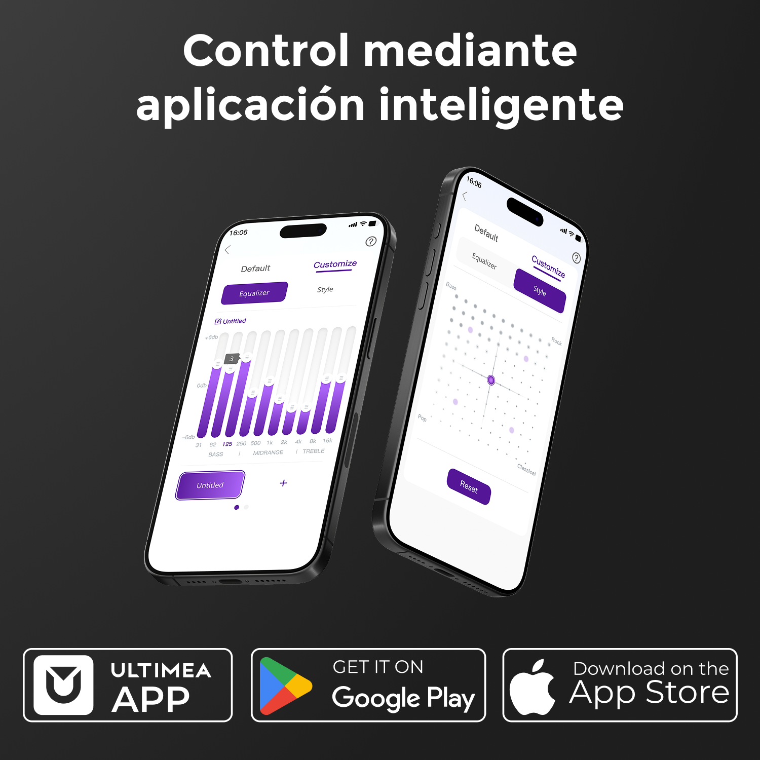 Dos smartphones muestran ajustes de ecualizador con barras y puntos. Iconos de app abajo.
