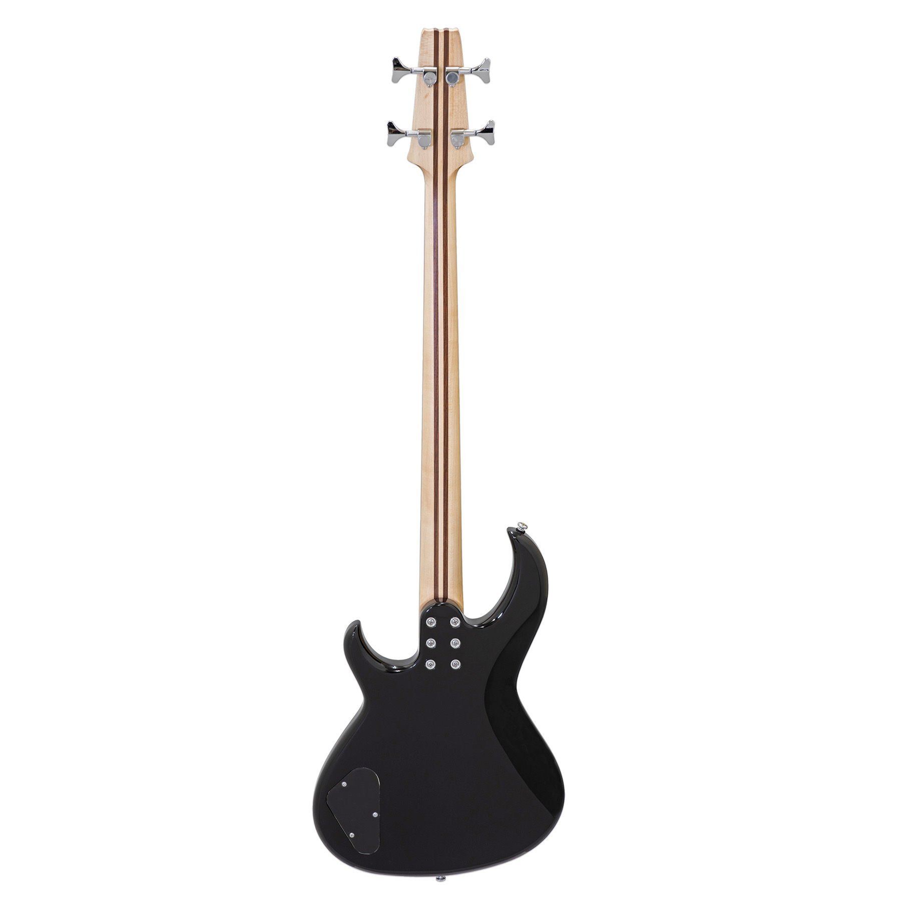 Açık renkli sapı ve gümüş akort burguları olan siyah elektro bas gitarın arka görünümü.