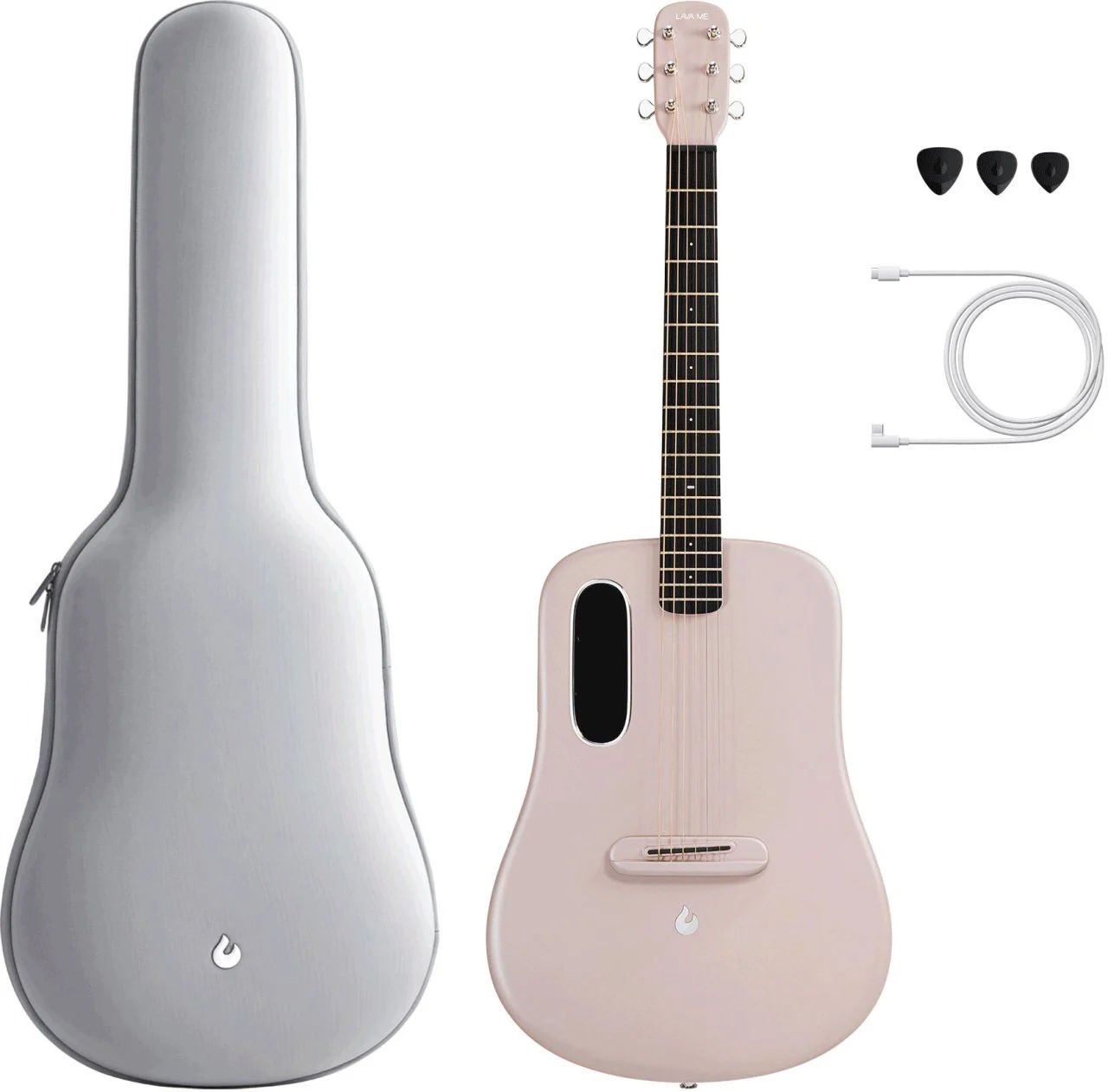 Gri bir kılıf, pena ve kablolarla pembe bir gitar.
