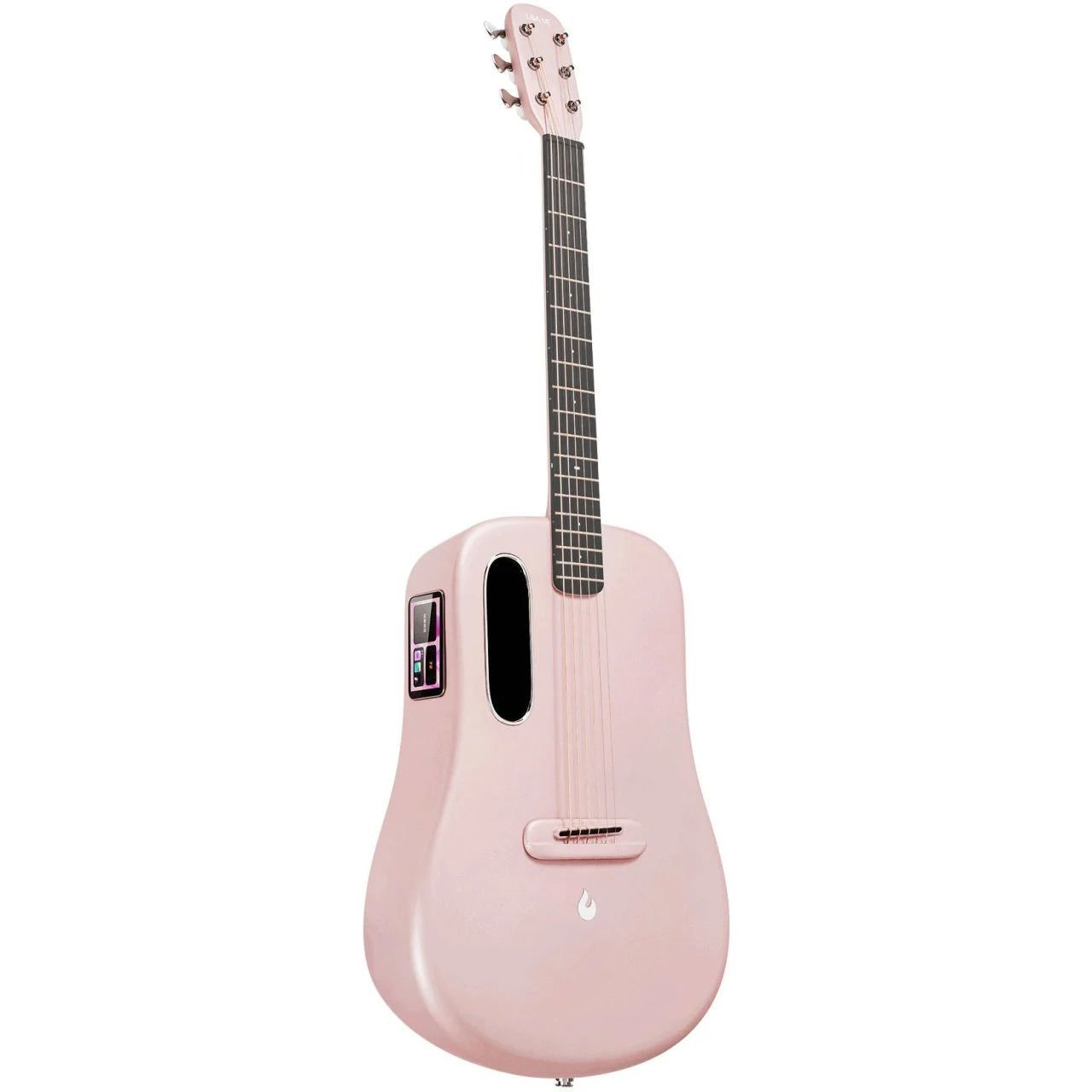 Siyah ses deliği ve dijital kontrol ünitesine sahip pembe bir akustik gitar.