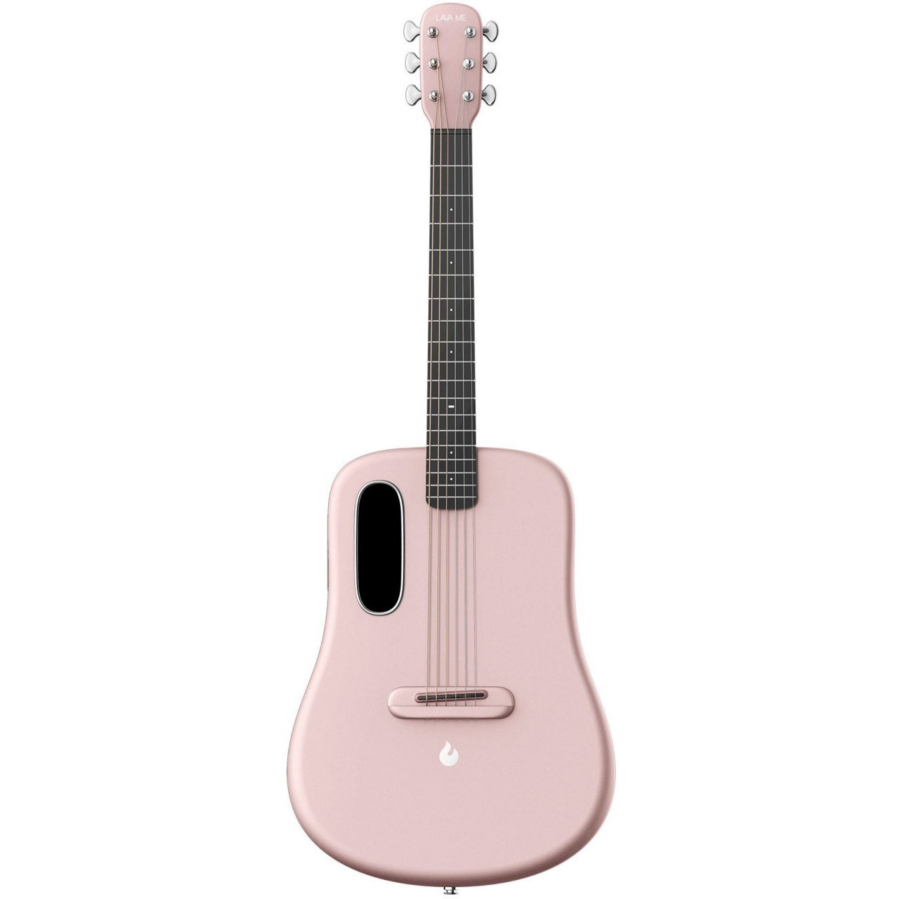 Oval ses deliği ve gümüş akort burgulu pembe akustik gitar.