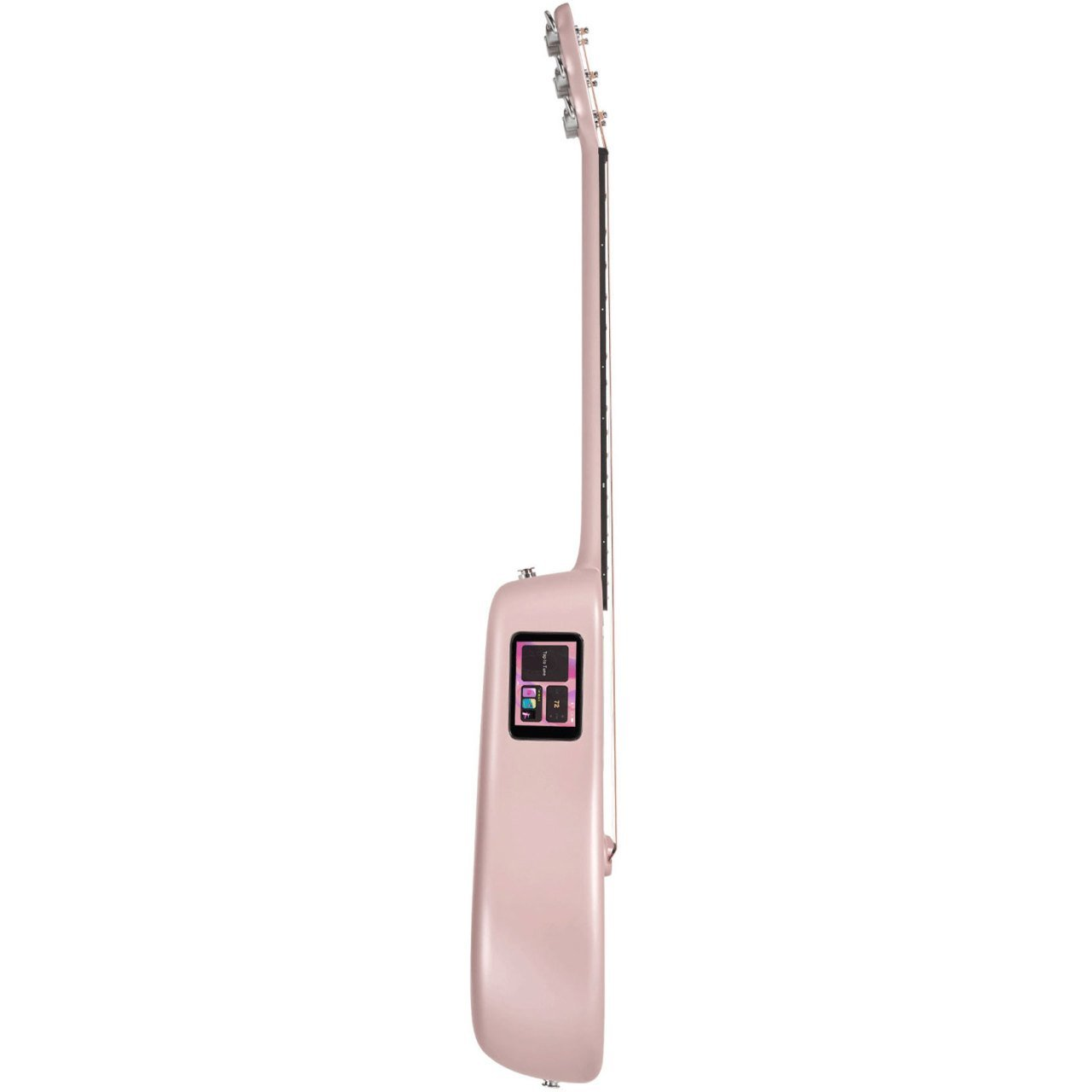 Yan tarafında dijital ekranı olan pembe bir akustik gitar.