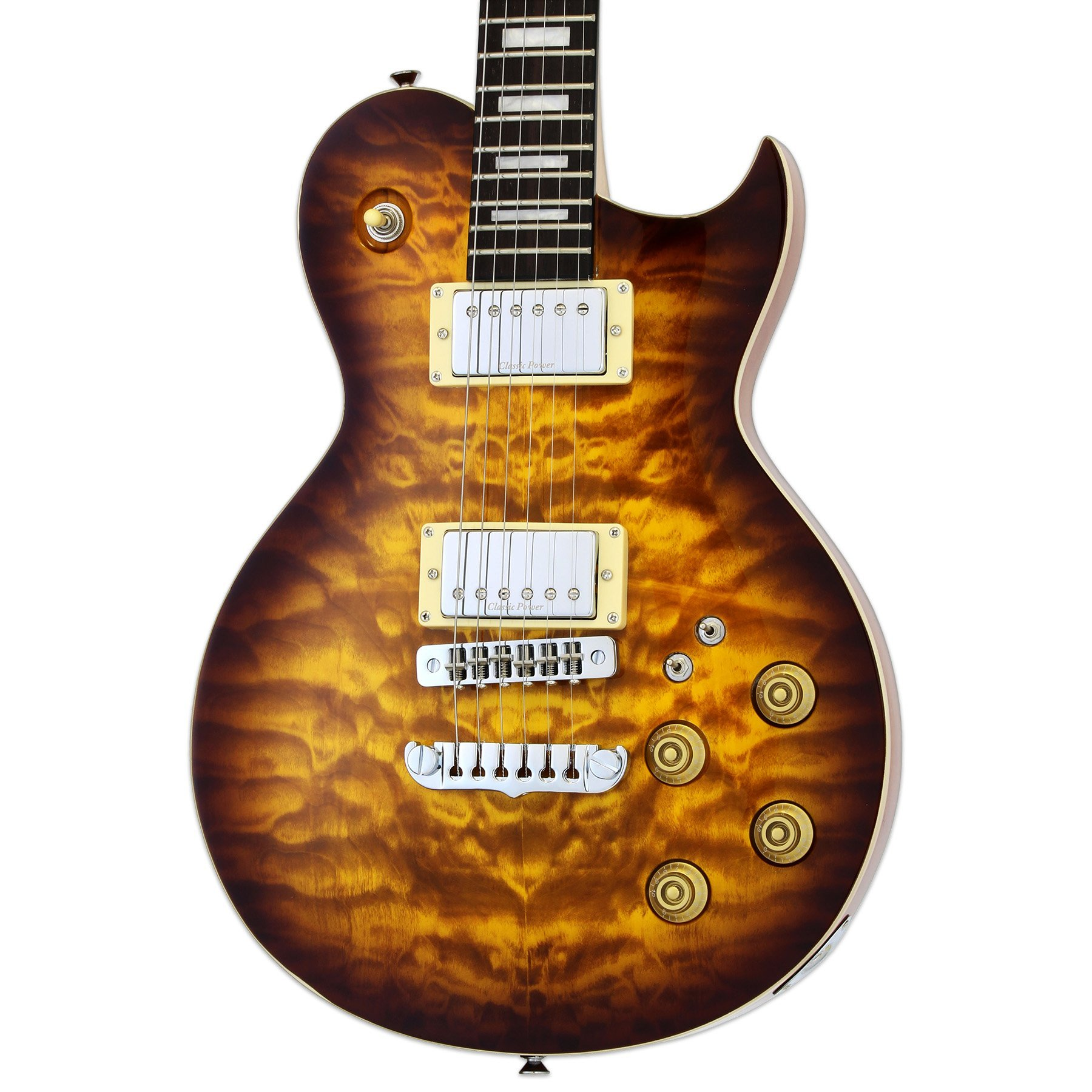 Kahverengi ve sarı alev desenli, gümüş köprülü, altın renkli düğmeli elektro gitar.