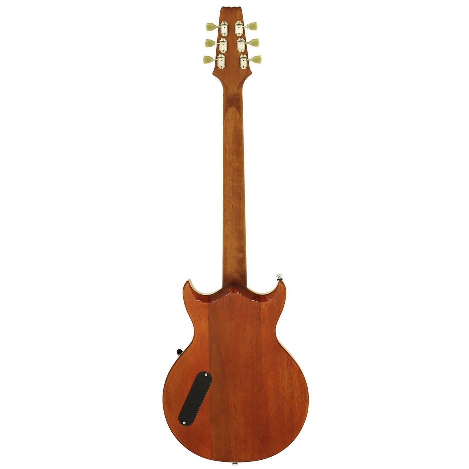 Altı altın akort burgulu, ahşap damarlı kahverengi elektro gitarın arka görünümü.