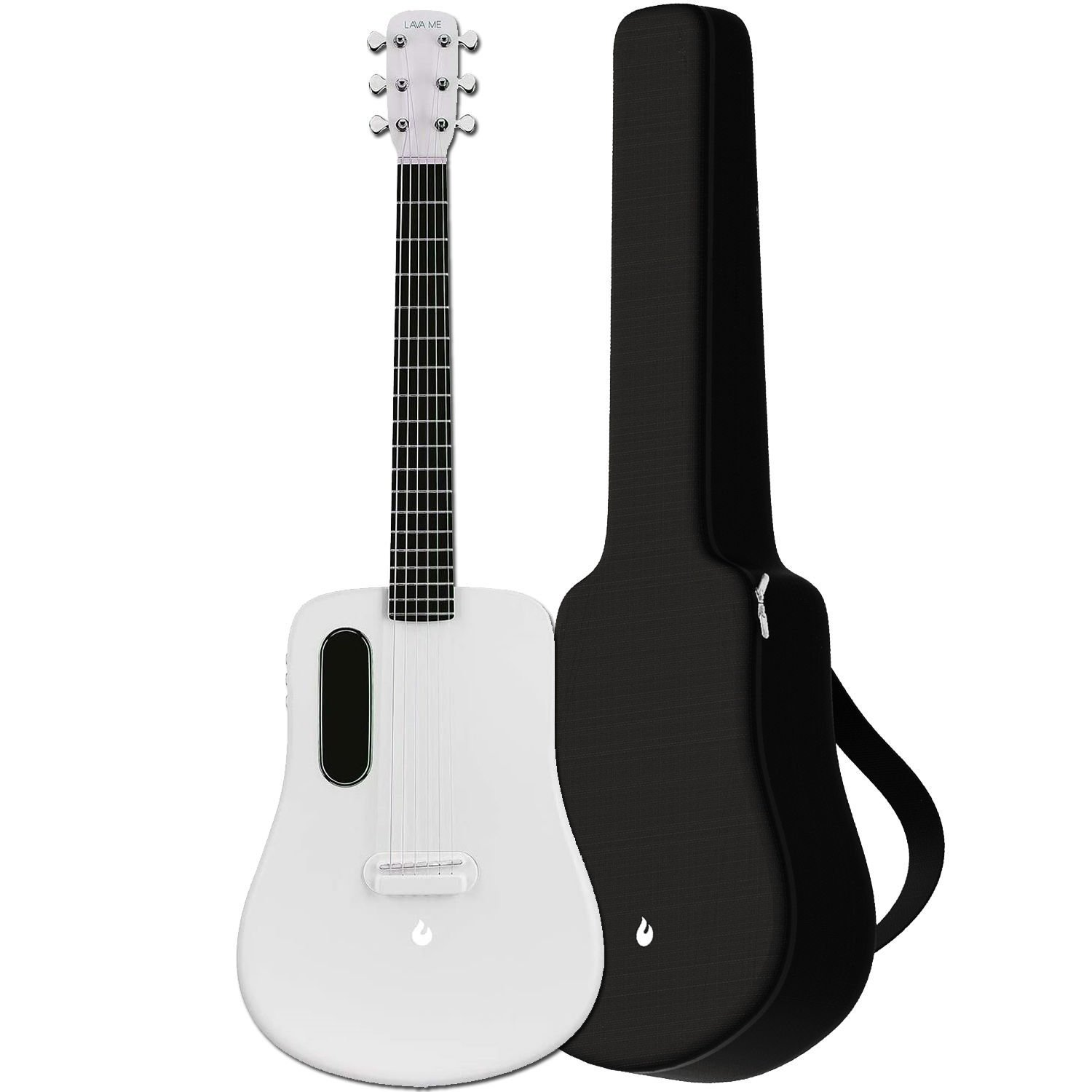Beyaz bir Lava Me gitar ve siyah kılıfı beyaz arka planda yan yana duruyor.