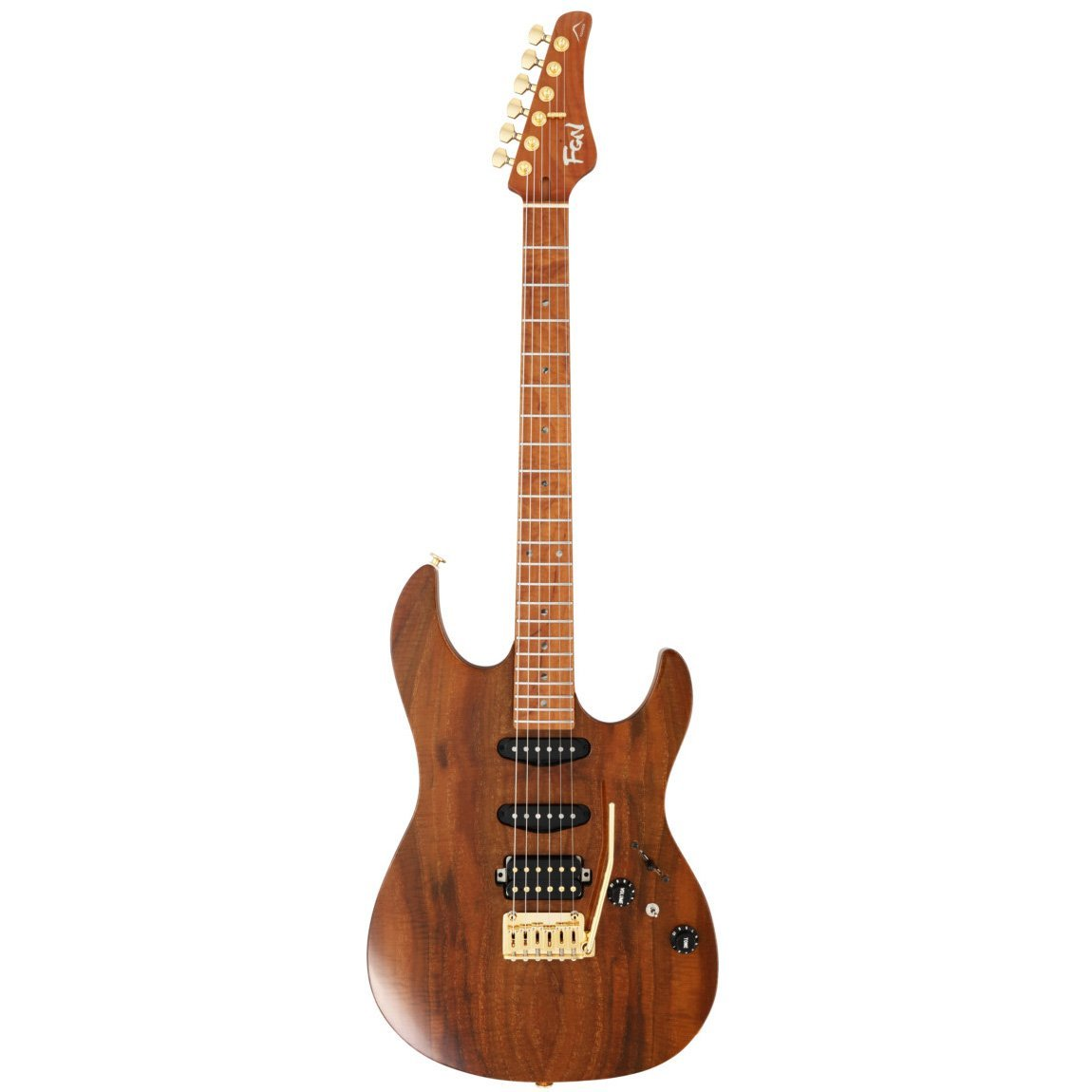 Altın donanımlı kahverengi elektro gitar, beyaz zeminde önden görünüyor.