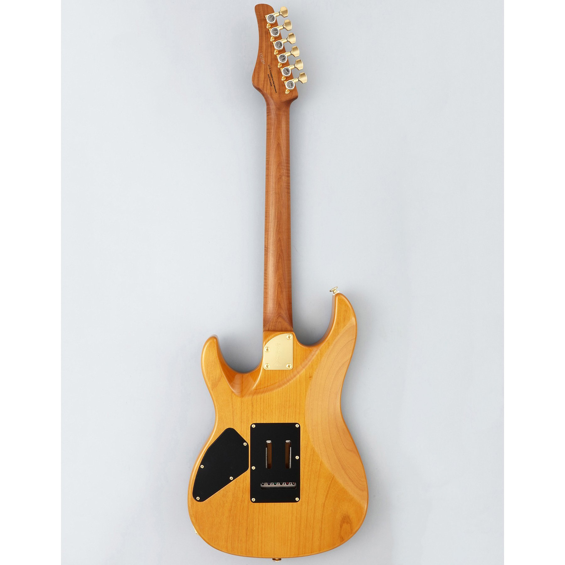 Altın burgulu, siyah kapaklı ahşap elektro gitarın arka görünümü.