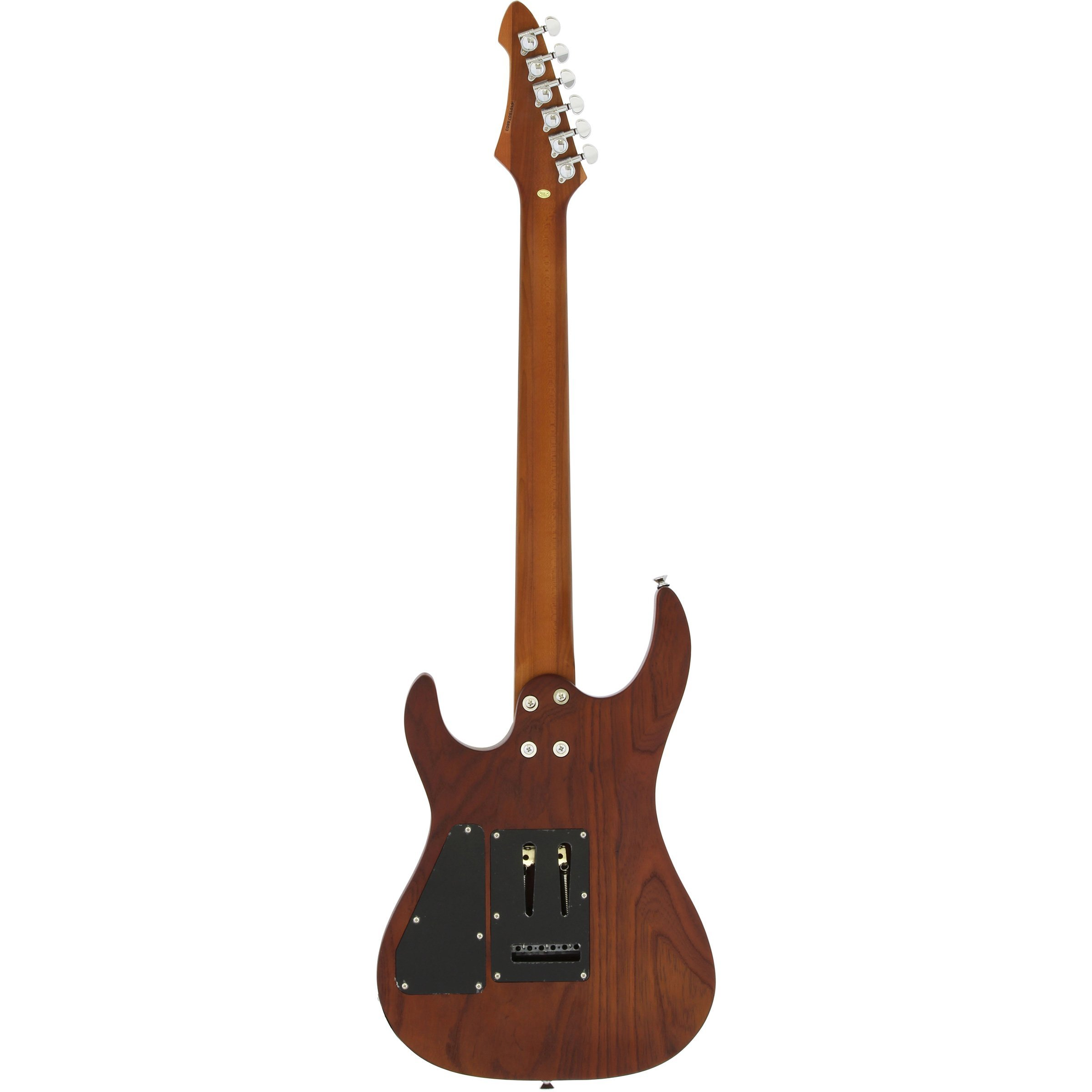 Altı telli, metal akort burgulu, siyah elektronik kapaklı kahverengi elektro gitarın arka görünümü.