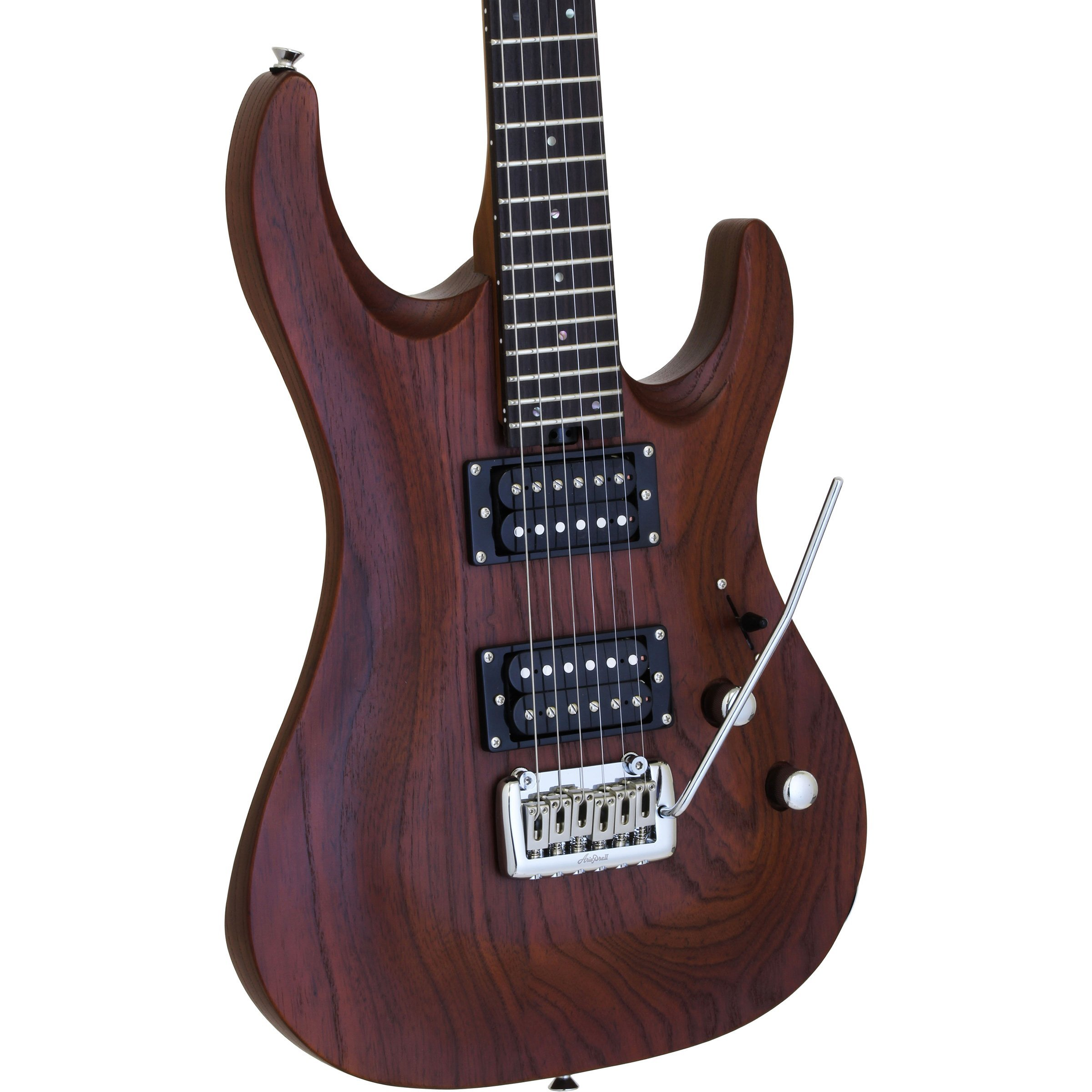 Siyah manyetiklere ve gümüş donanıma sahip kahverengi elektro gitar.