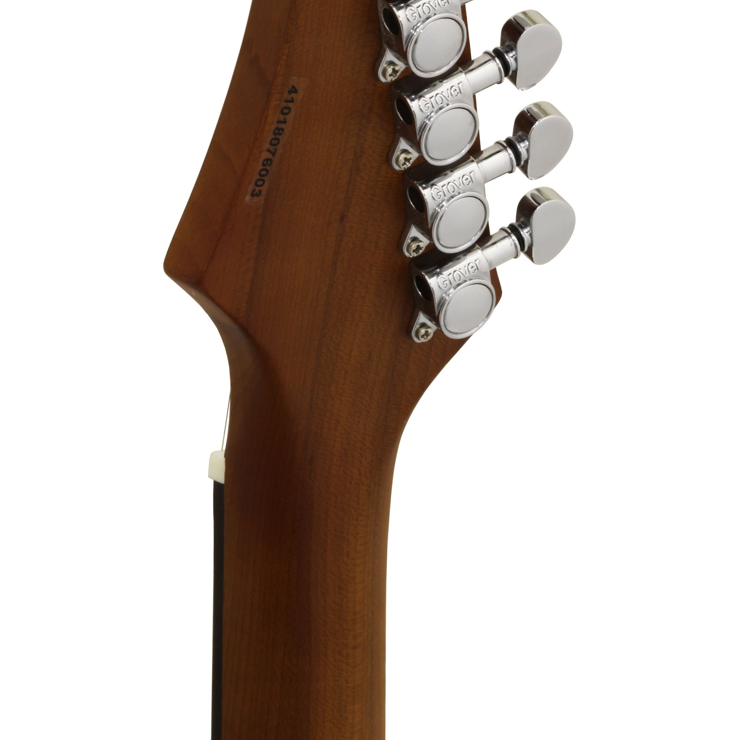 Gümüş Grover burgulu ahşap gitar başlığı ve seri numarası.