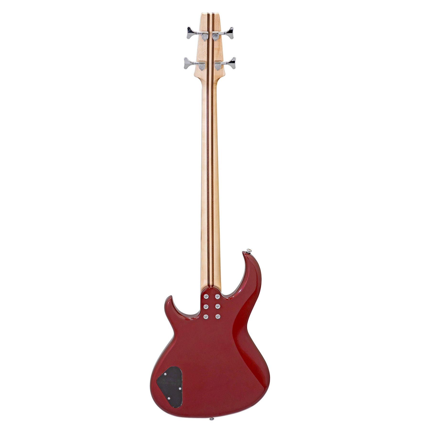 Dört telli kırmızı bas gitar, arkadan görünüm, saptaki ahşap damarıyla.