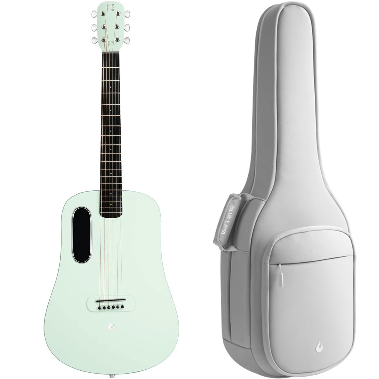 Açık yeşil gitar, gri gitar çantası yanında.