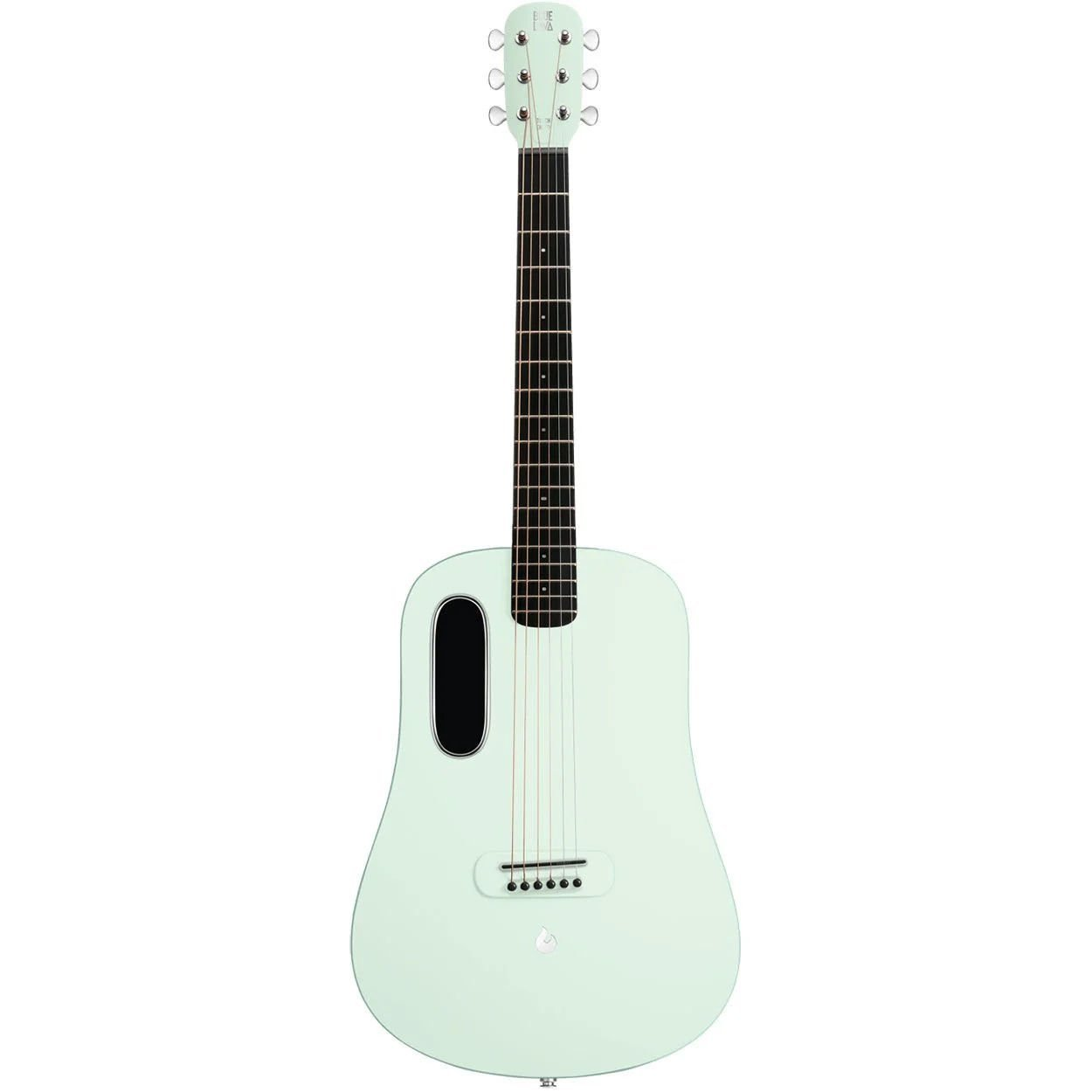 Siyah ses deliği ve gümüş akort burgulu açık yeşil akustik gitar.