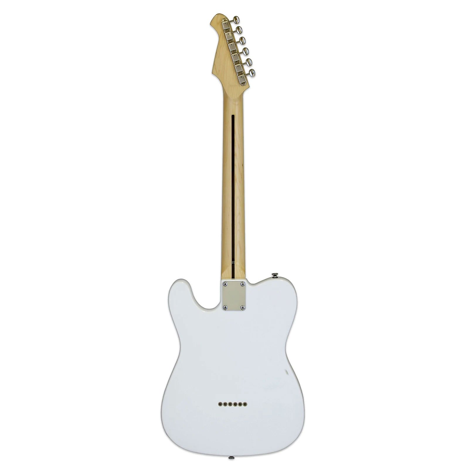 Ahşap saplı ve gümüş burgulu beyaz elektro gitar, arka görünüm.