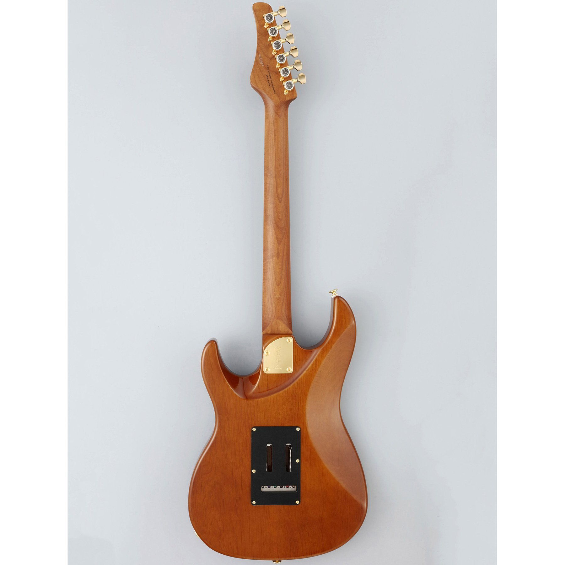 Altın akort burguları ve siyah donanımı olan kahverengi elektro gitarının arka görünümü.