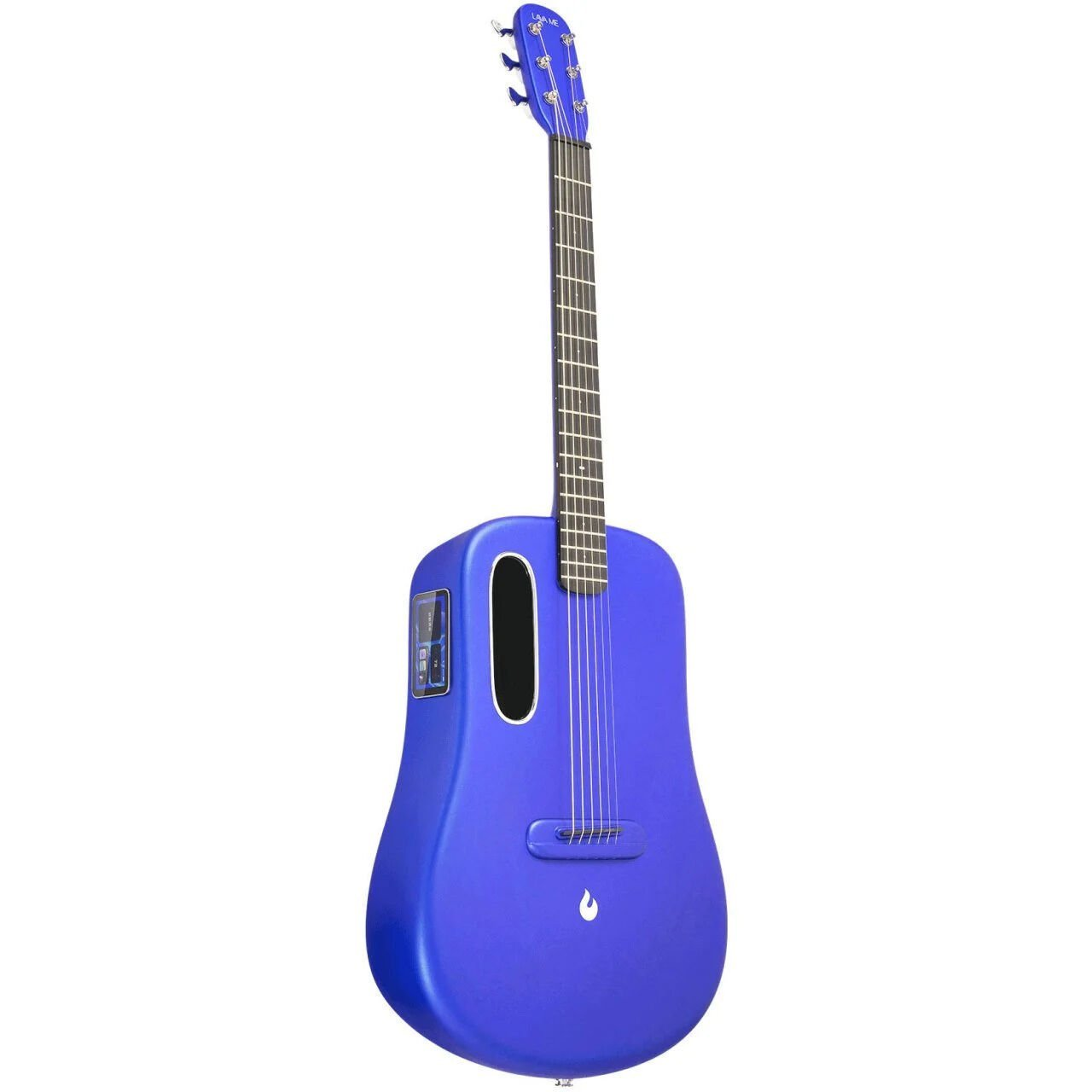 Oval ses deliği ve gümüş tellerli mavi bir gitar.