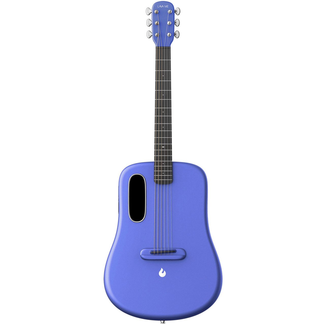 Oval ses deliği ve gümüş burgulu mavi bir akustik gitar.