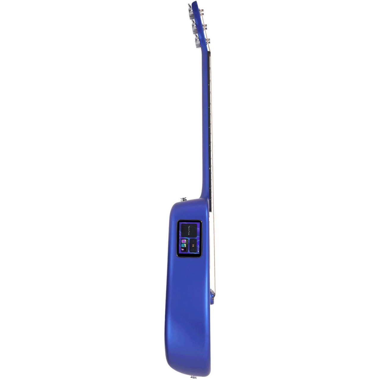Dokunmatik ekranlı ve kumandalı mavi elektro gitarın yan görünümü.