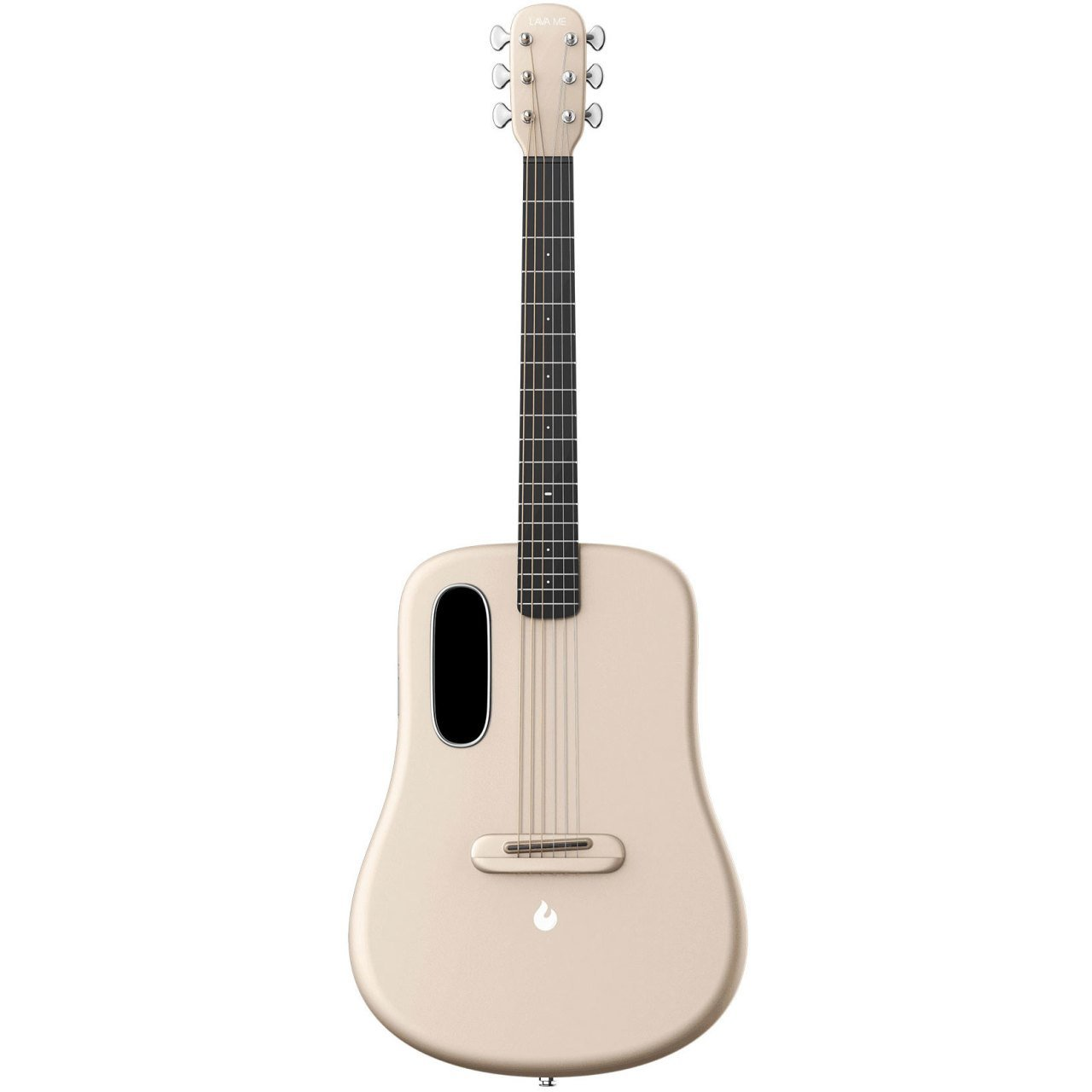 Siyah ses deliği ve gümüş burguları olan açık renkli akustik gitar.