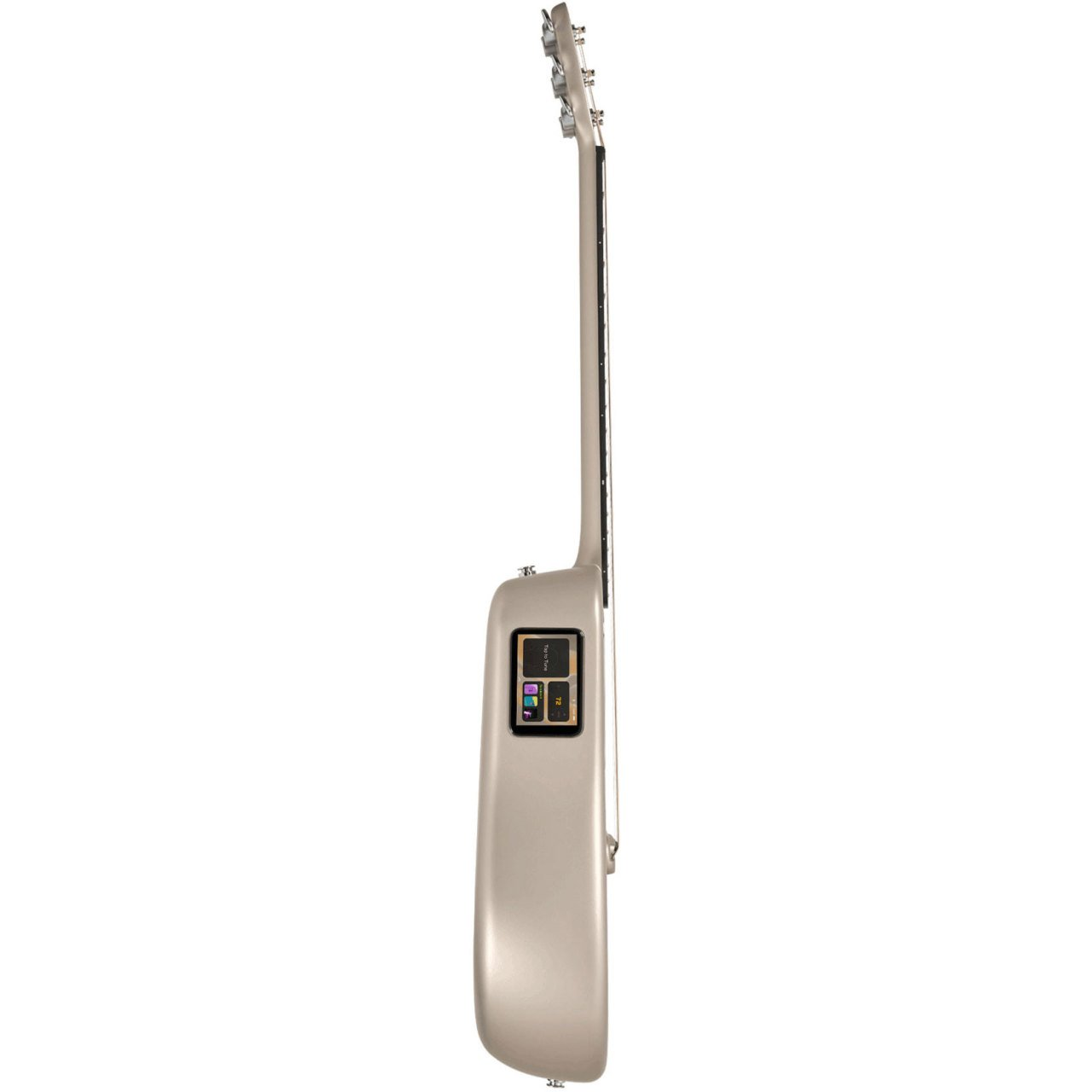 Yan tarafında dokunmatik ekran bulunan gümüş renkli elektro gitar.