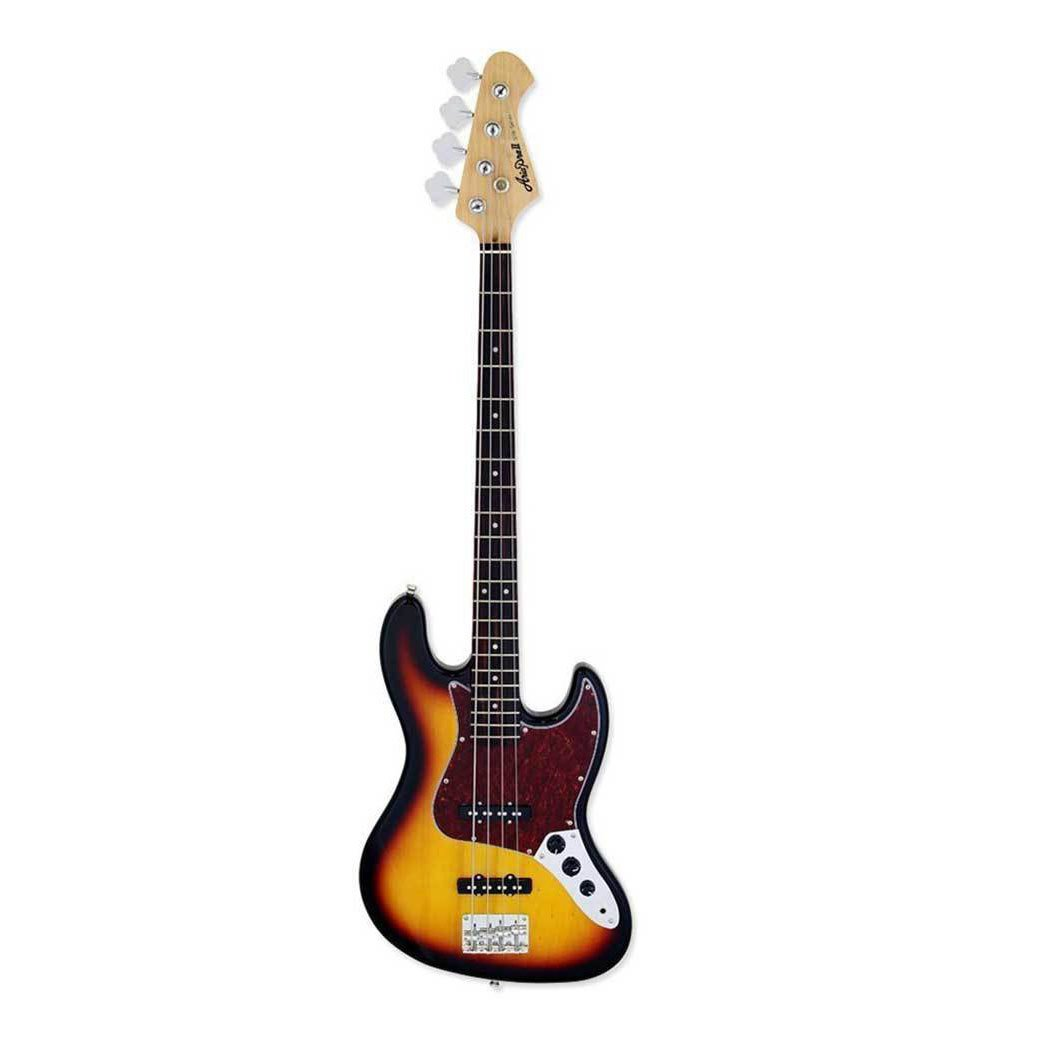 Dört telli, klavyeli ve gümüş donanımlı, güneş batımı renkli elektro bas gitar.