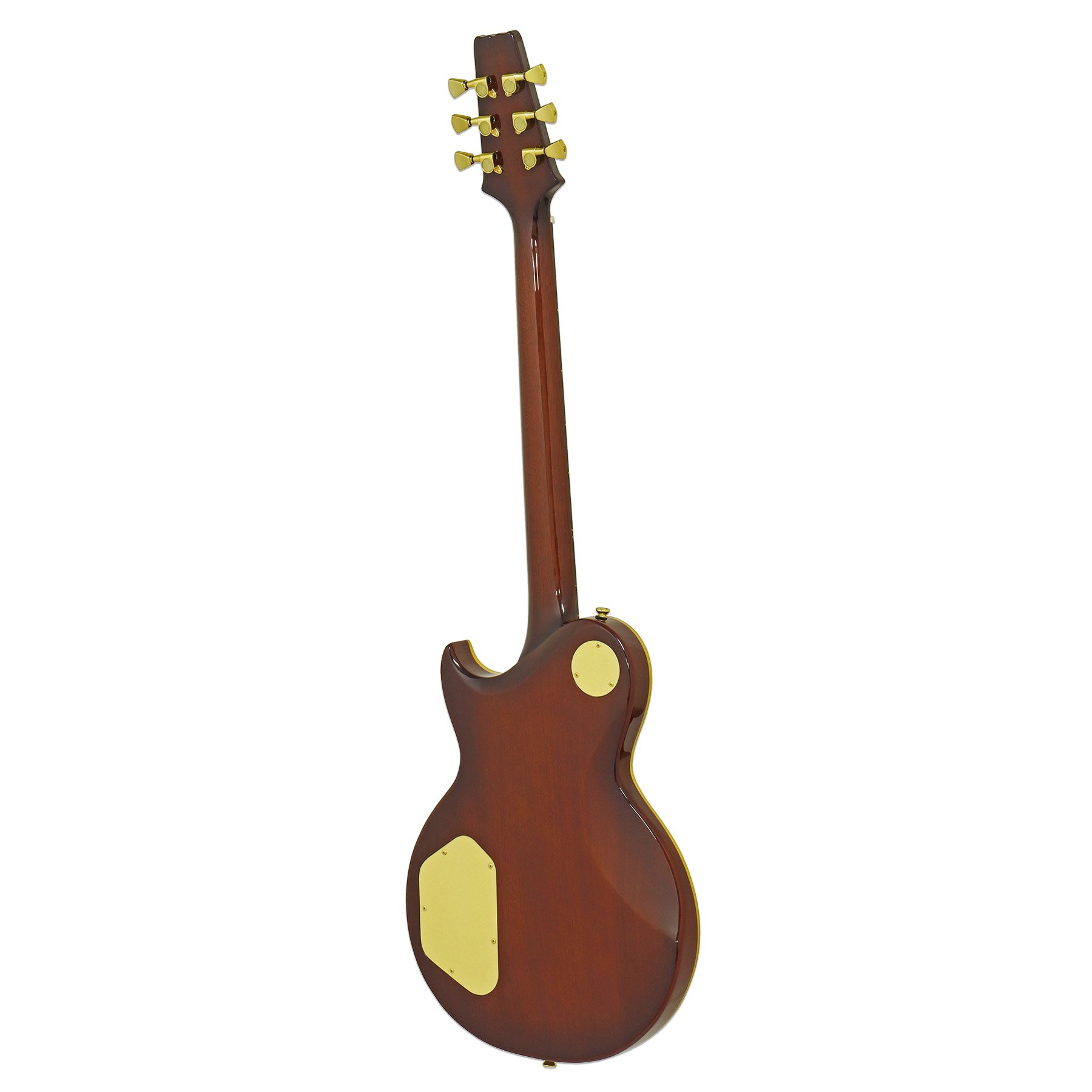 Beyaz arka plan üzerinde altın akort burgulu kahverengi parlak gitar sapı.