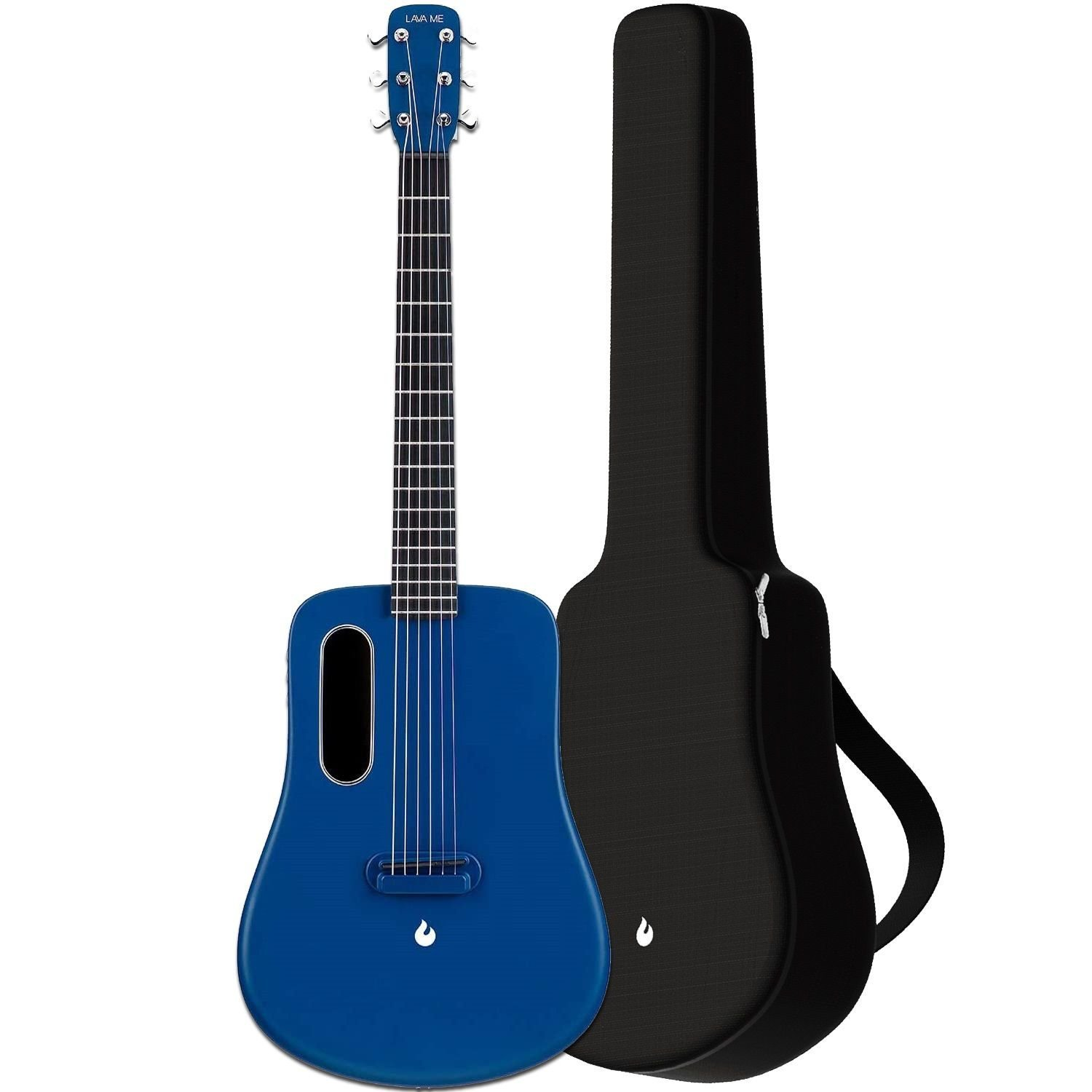 Siyah kılıfın yanında mavi bir Lava Me gitar.