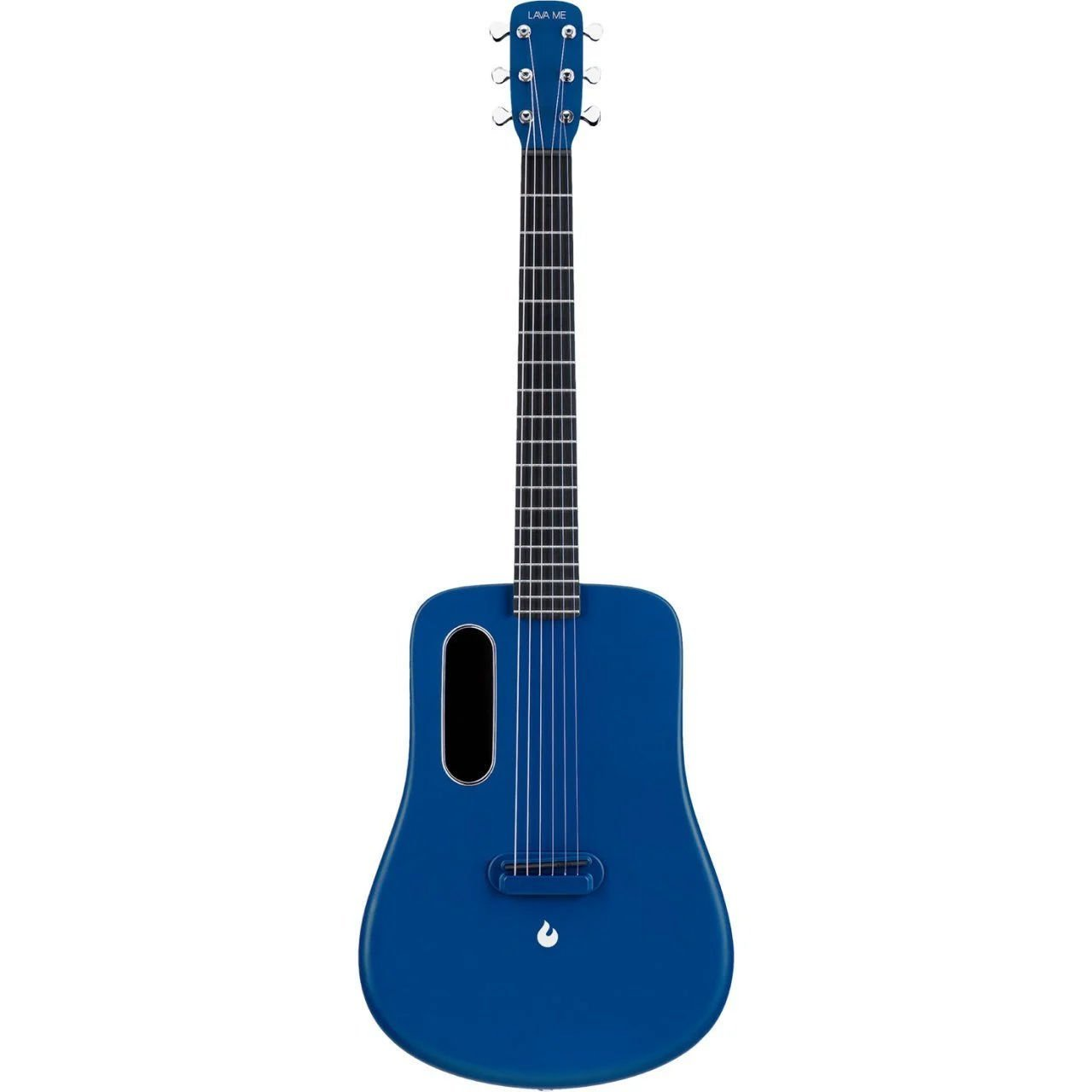 Siyah klavyeli ve oval ses deliği olan mavi akustik gitar.