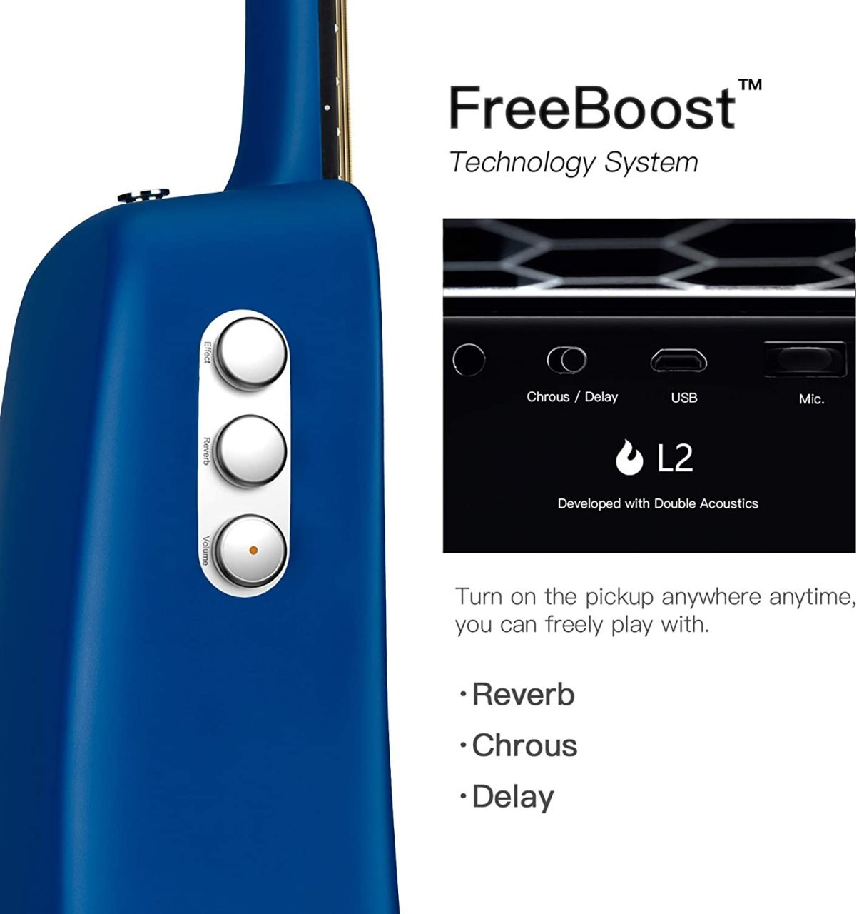 FreeBoost L2 sistemli mavi gitar. Efekt, Yankı, Ses ayarları. Bağlantılar: Chrous/Delay, USB, Mic.