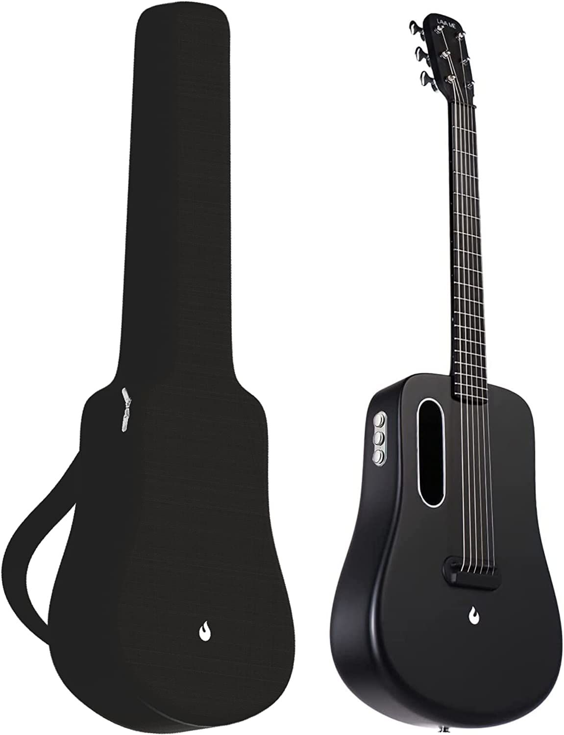 Siyah bir gitar çantası ve siyah bir akustik gitar yan yana duruyor.