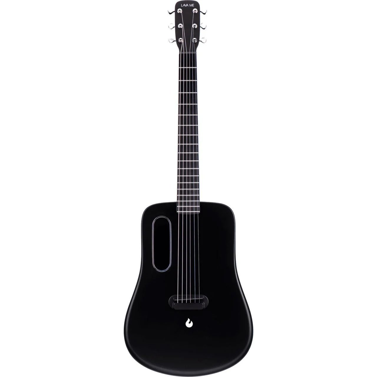 Altı telli, oval ses deliği olan siyah bir akustik gitar.