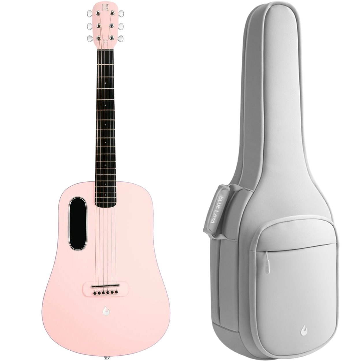 Siyah ses deliği olan pembe akustik gitar ve yanında gri kılıf.