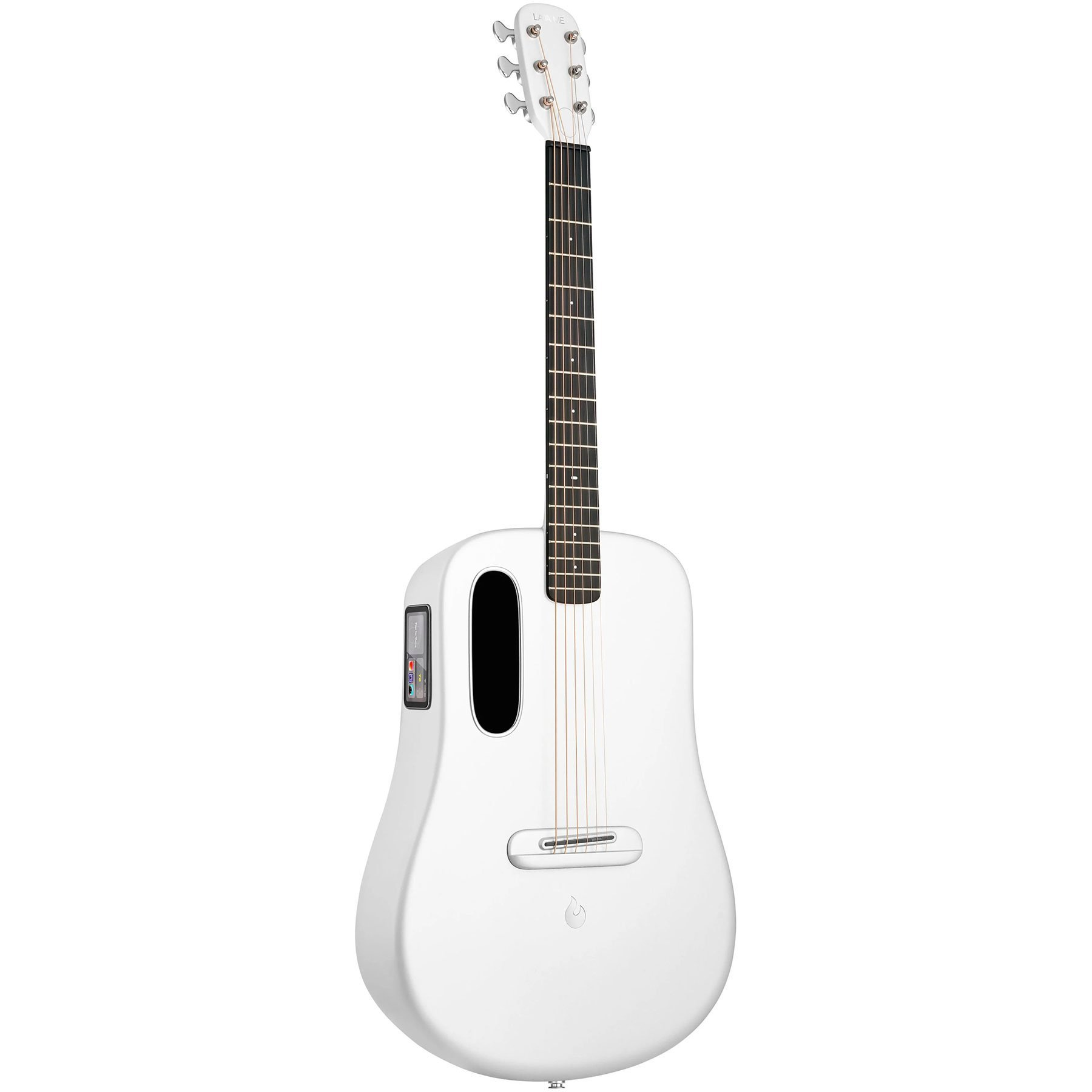 Siyah ses deliği ve gümüş akort burgulu beyaz elektro gitar.