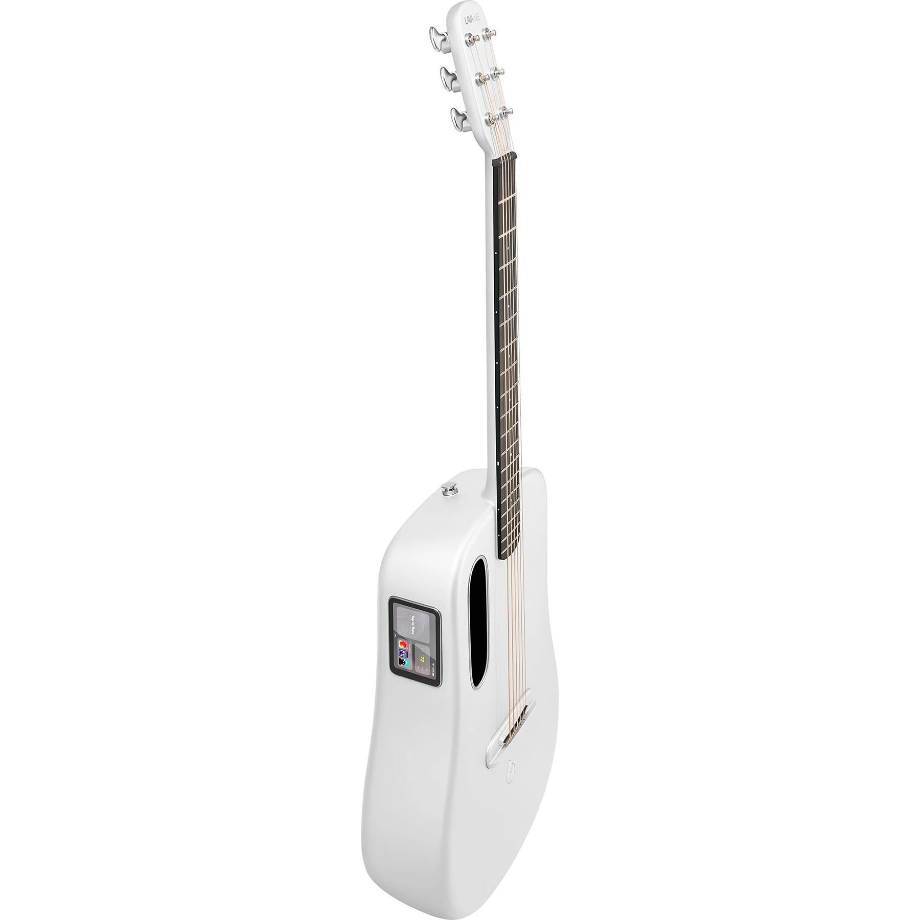 Siyah klavyeli ve gümüş akort burgulu beyaz elektro gitar.