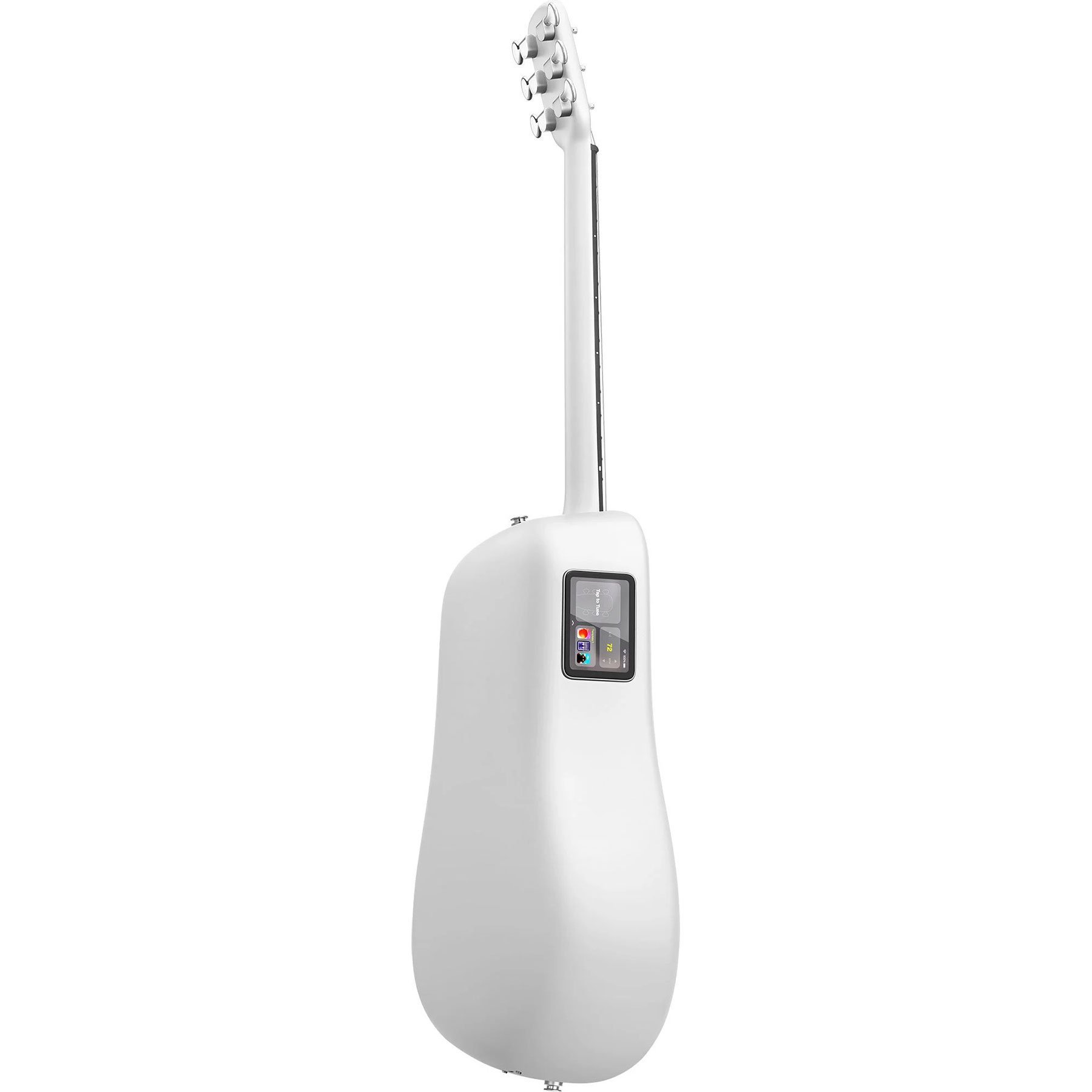 Gövdesinde ekran bulunan beyaz bir elektro gitar. Ekran simgeler ve metin gösterir.