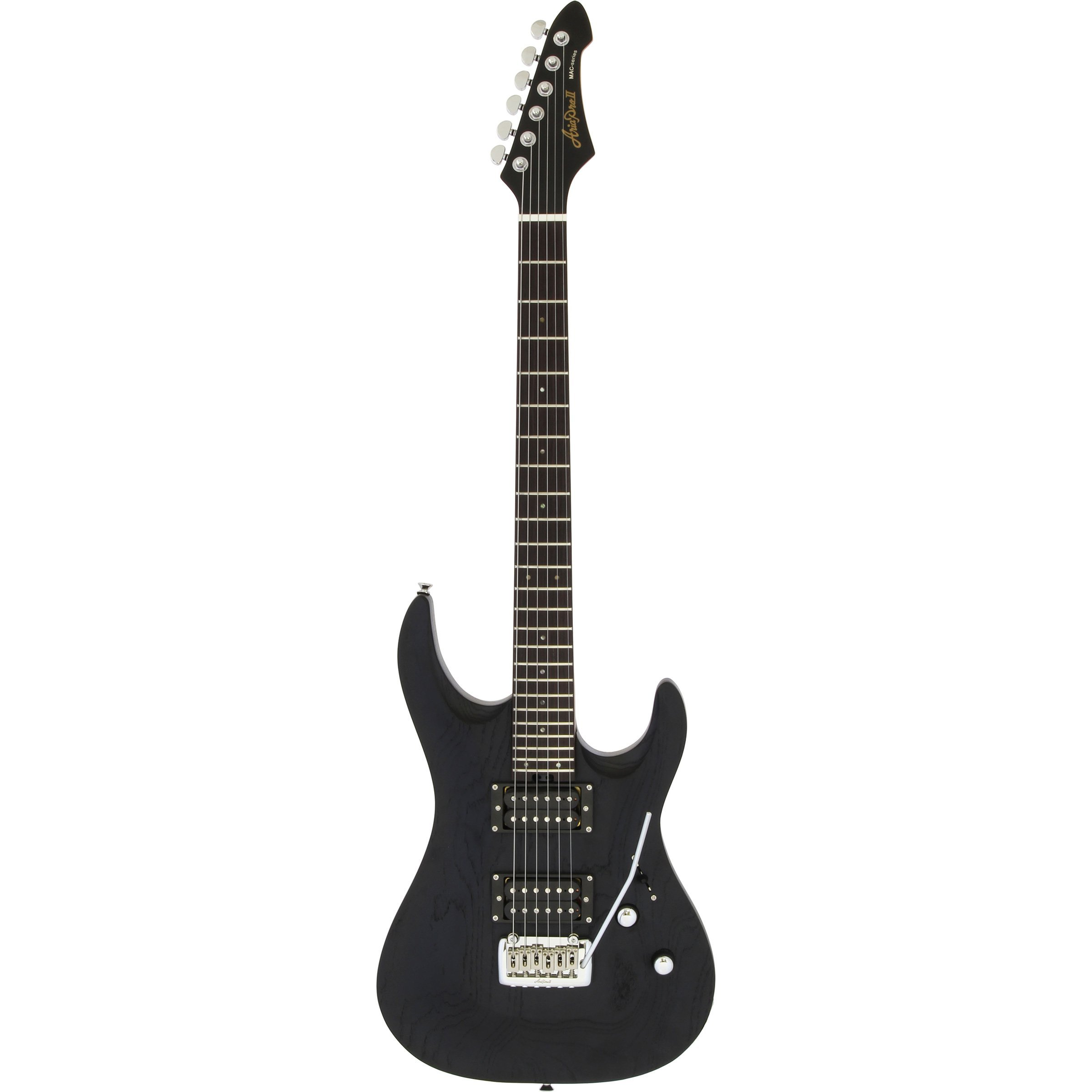 Gümüş donanımlı, altı telli siyah elektro gitar beyaz arka plan üzerinde.