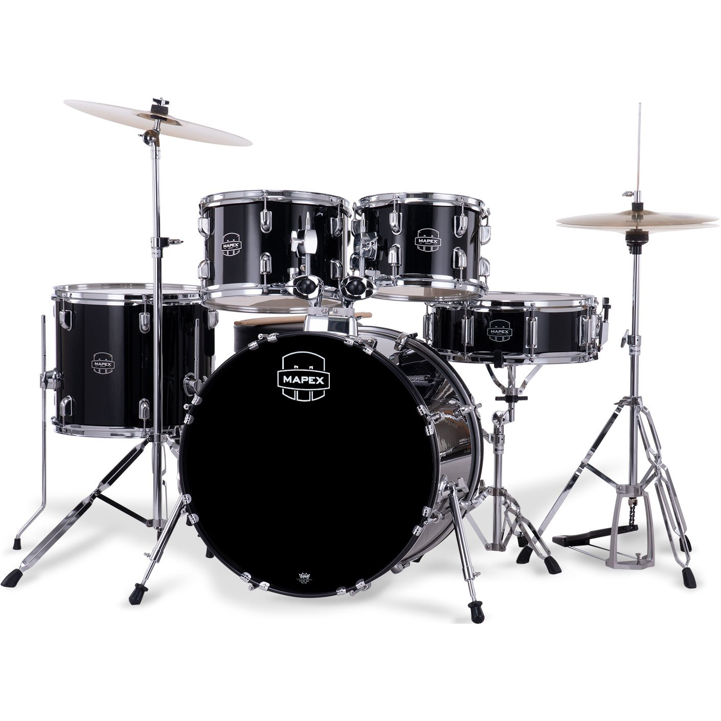 Krom donanım ve sehpalar üzerinde zil bulunan siyah bir Mapex bateri seti.