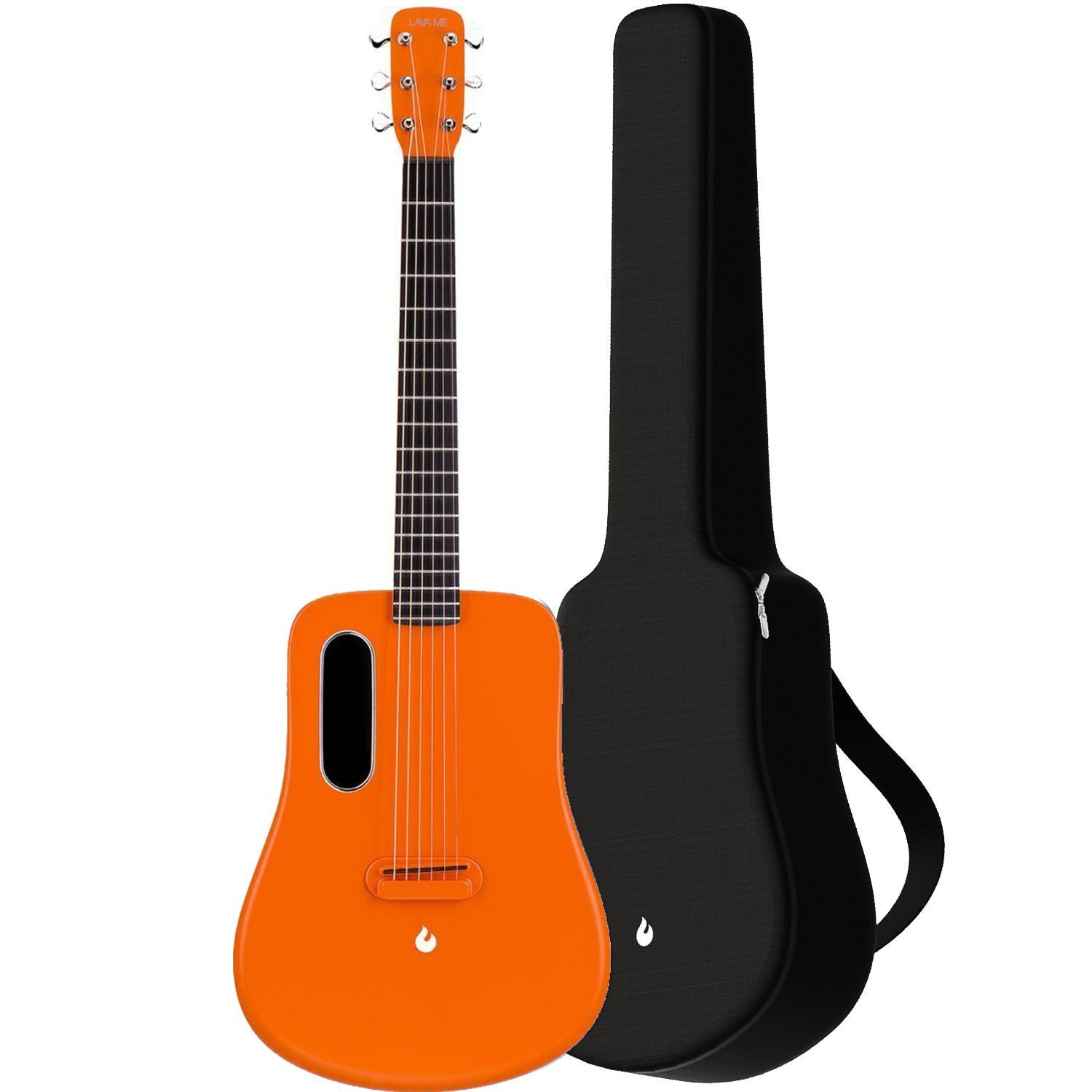 Siyah kılıflı parlak turuncu gitar. Gitar solda, kılıf sağda.
